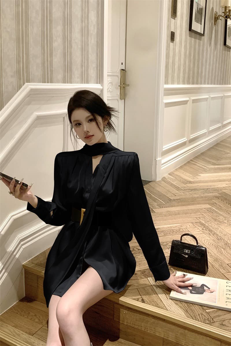 실사 프랑스식 품격 명문 여성 고급 센스 새틴 셔츠 드레스 여름 불규칙 품격 미니 스커트 여성 의류 이미지 6