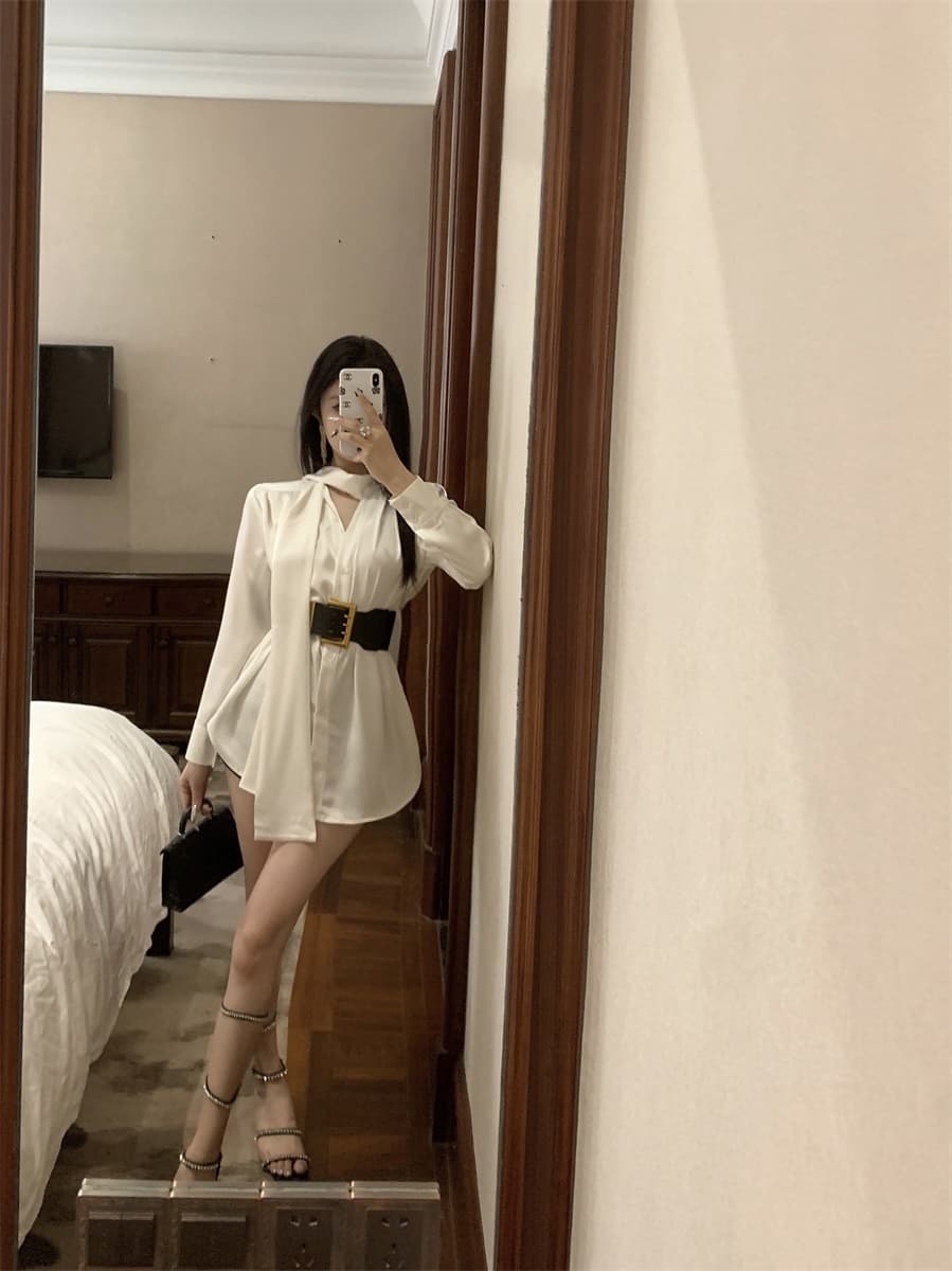 실사 프랑스식 품격 명문 여성 고급 센스 새틴 셔츠 드레스 여름 불규칙 품격 미니 스커트 여성 의류 상세 이미지 5