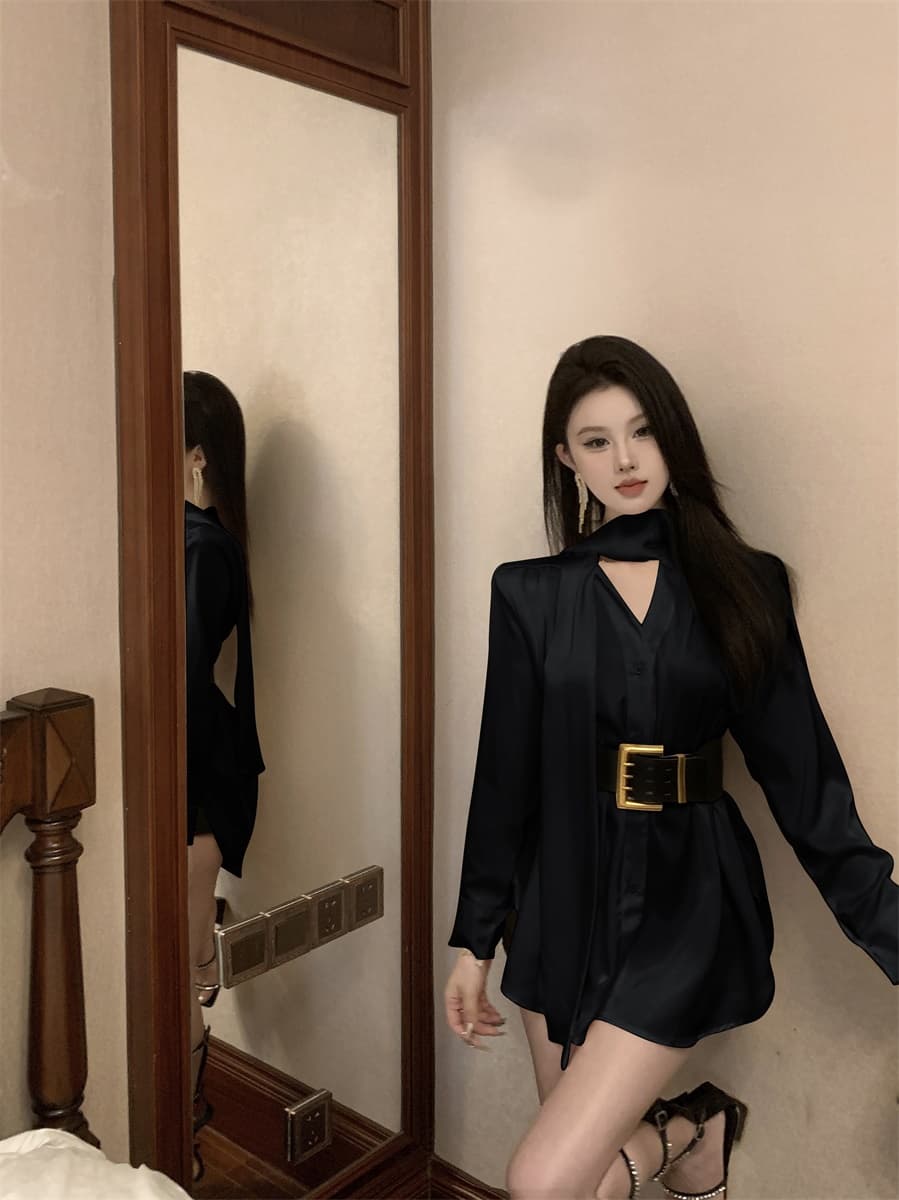 실사 프랑스식 품격 명문 여성 고급 센스 새틴 셔츠 드레스 여름 불규칙 품격 미니 스커트 여성 의류 상세 이미지 13