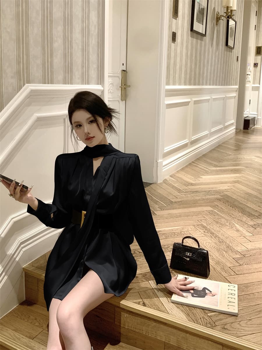 실사 프랑스식 품격 명문 여성 고급 센스 새틴 셔츠 드레스 여름 불규칙 품격 미니 스커트 여성 의류 상세 이미지 14