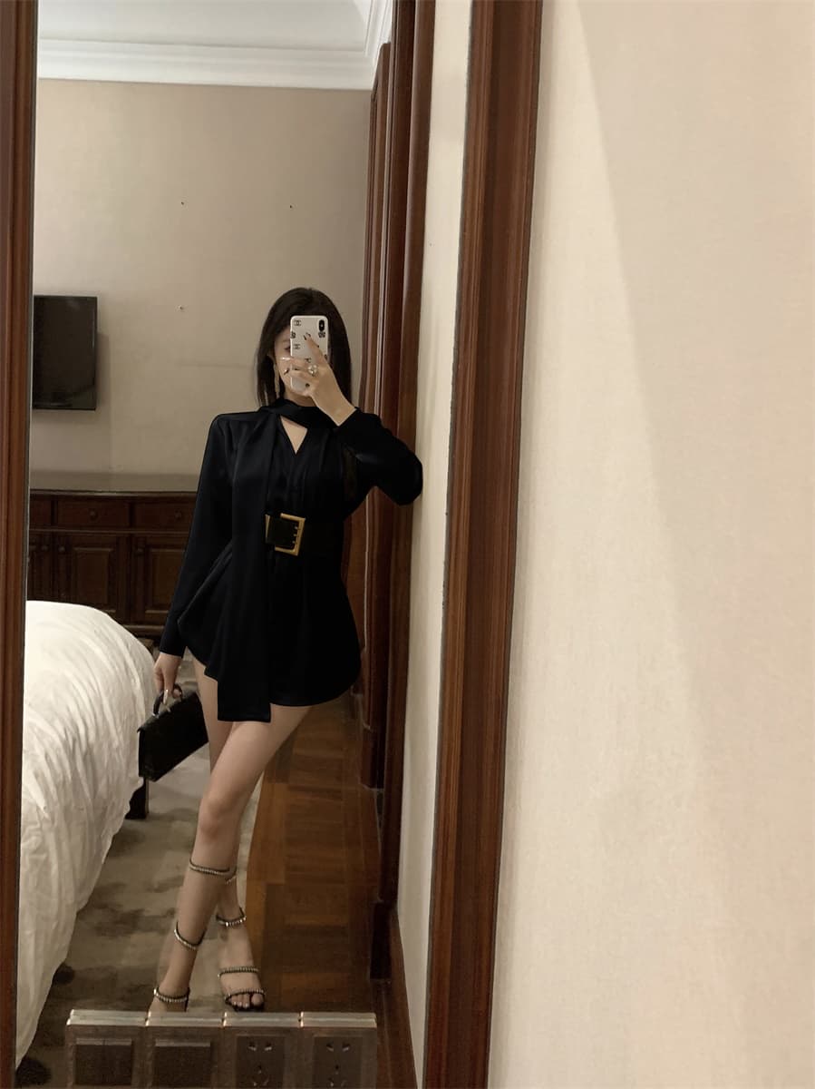 실사 프랑스식 품격 명문 여성 고급 센스 새틴 셔츠 드레스 여름 불규칙 품격 미니 스커트 여성 의류 상세 이미지 16