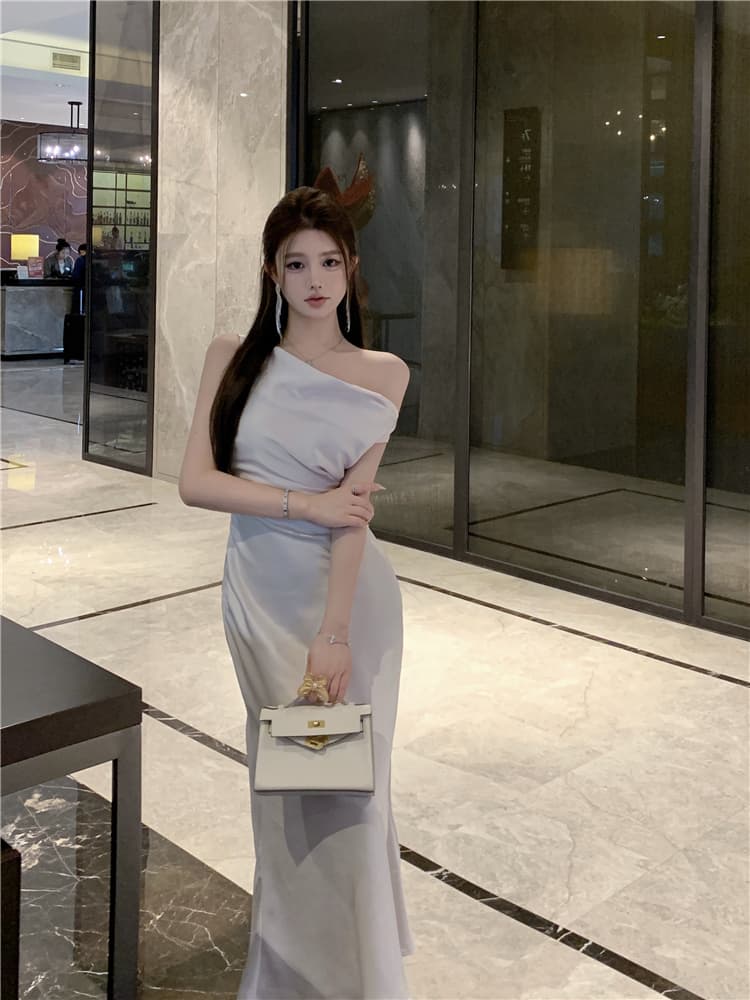 실사 프랑스식 품격 로얄 자매 섹시함 비스듬한 어깨 새틴 흔들다 칼라 여성 드레스 고급 센스 인어 꼬리 이브닝 드레스 롱 스커트 상세 이미지 12