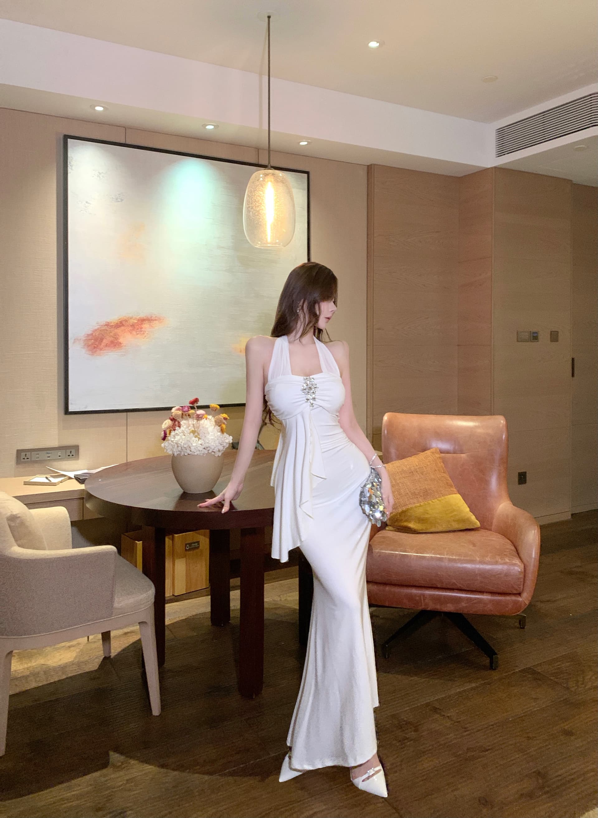 실사 고급 센스 품격 행침 목 슬립 여성 드레스 작은 섹시함 영 소녀 홀로우 아웃 백리스 외국 가스 롱 스커트 상세 이미지 8