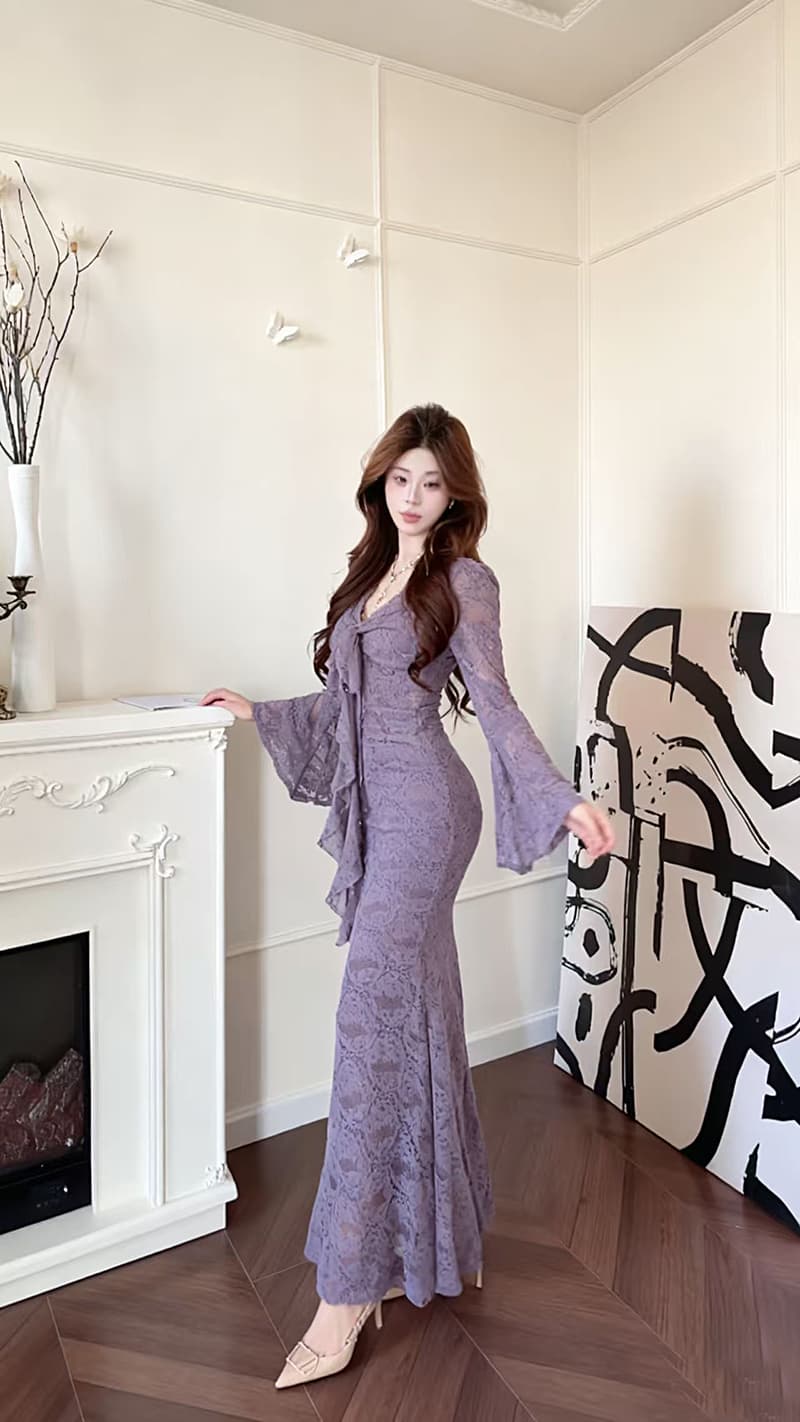 실사 2026 빛 요리 한 바람 섹시함 레이스 리본 V넥 긴팔 드레스 새로운 허리 수축 슬림해 보이는 타이트 스커트 롱 스커트 상세 이미지 36