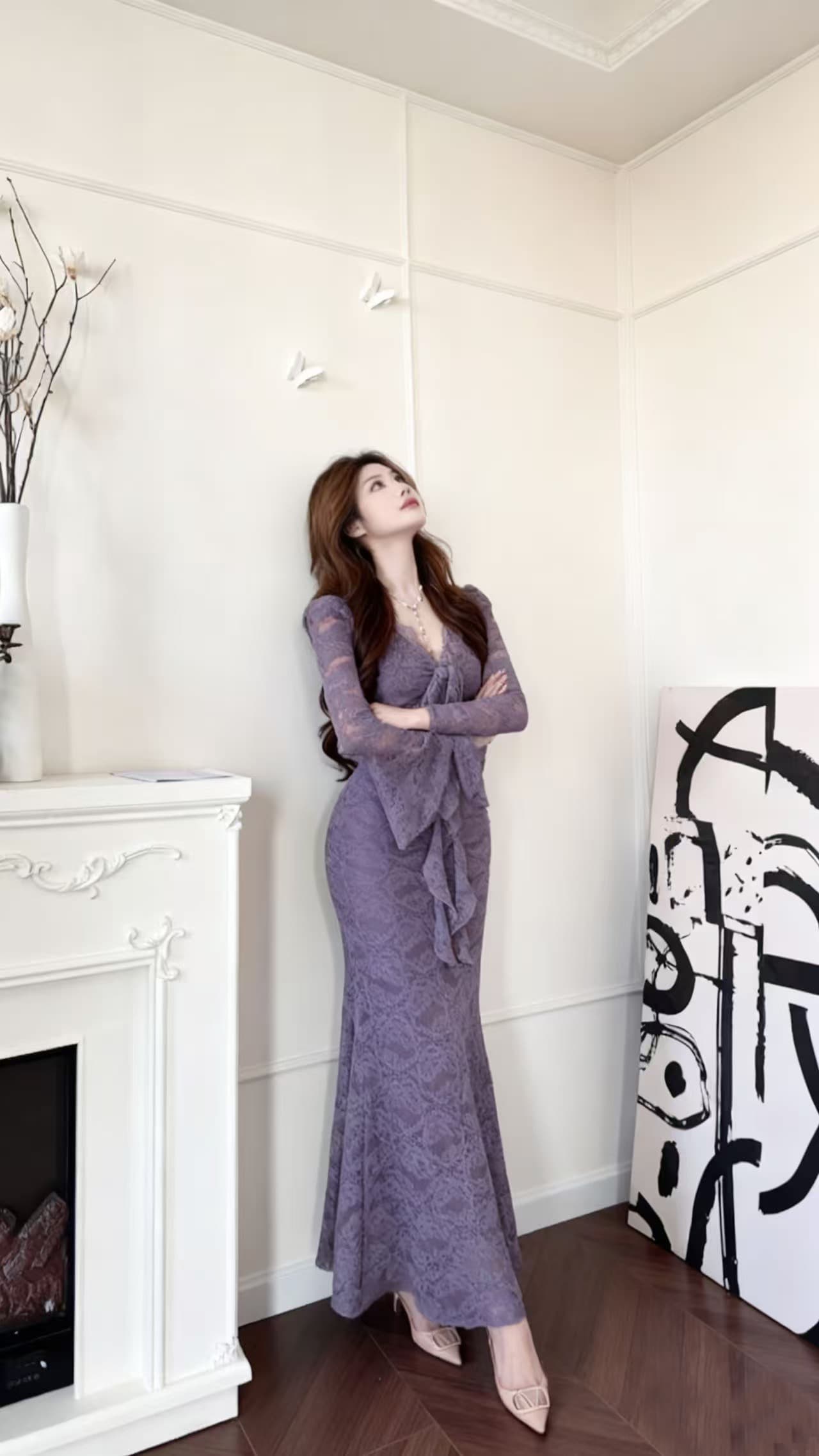 실사 2026 빛 요리 한 바람 섹시함 레이스 리본 V넥 긴팔 드레스 새로운 허리 수축 슬림해 보이는 타이트 스커트 롱 스커트 상세 이미지 37