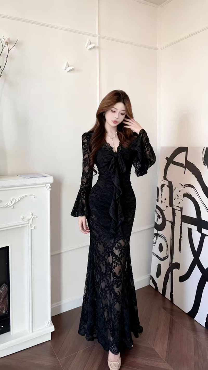 실사 2026 빛 요리 한 바람 섹시함 레이스 리본 V넥 긴팔 드레스 새로운 허리 수축 슬림해 보이는 타이트 스커트 롱 스커트 상세 이미지 41