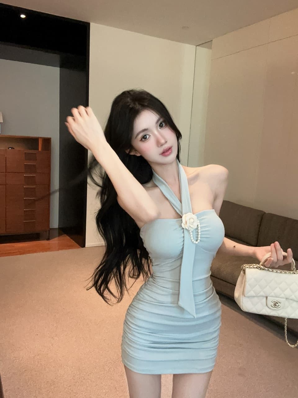 실사 2026 여름 순수한 욕망 핫걸 행침 목 디자인 섹션 몸매 가꾸기 슬림해 보이는 오프숄더 타이트 스커트 외국 가스 드레스 상세 이미지 12