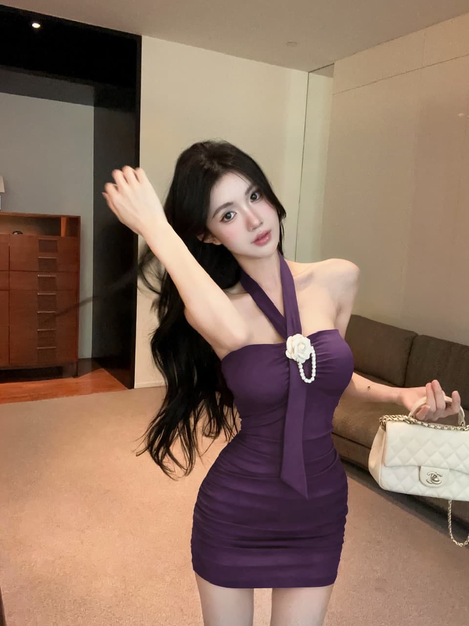 실사 2026 여름 순수한 욕망 핫걸 행침 목 디자인 섹션 몸매 가꾸기 슬림해 보이는 오프숄더 타이트 스커트 외국 가스 드레스 상세 이미지 19