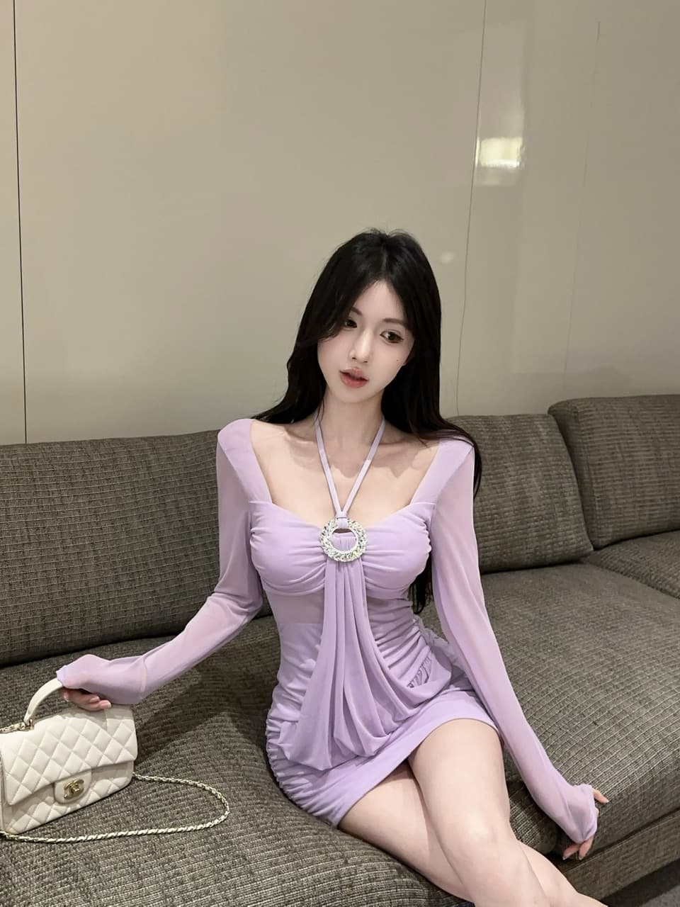 실사 2026 순수한 욕망 핫걸 작은 섹시함 행침 목 광장 칼라 디자인 센스 표지 배 몸매 가꾸기 작은 대중 망사 드레스 이미지 4
