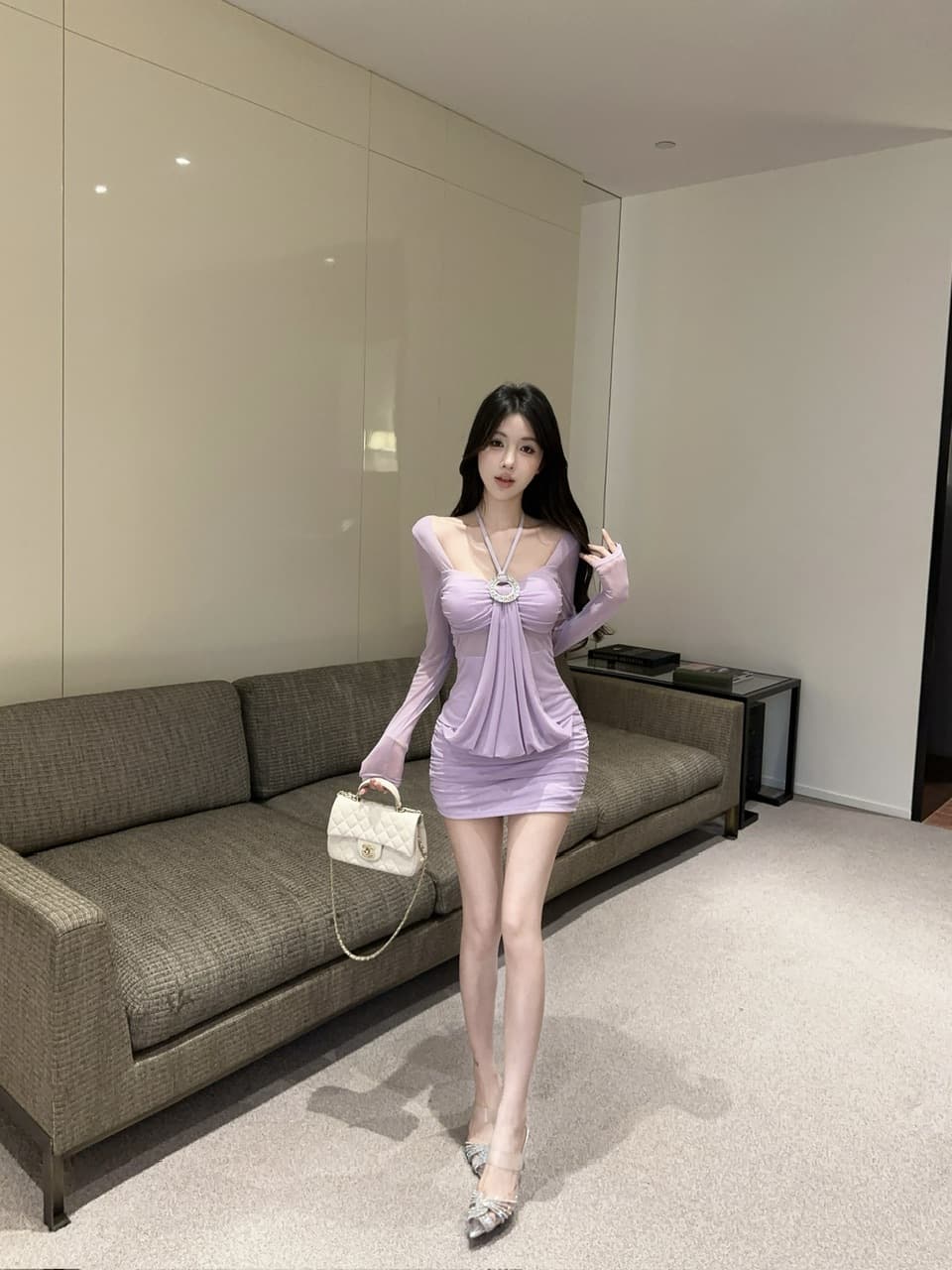 실사 2026 순수한 욕망 핫걸 작은 섹시함 행침 목 광장 칼라 디자인 센스 표지 배 몸매 가꾸기 작은 대중 망사 드레스 상세 이미지 3