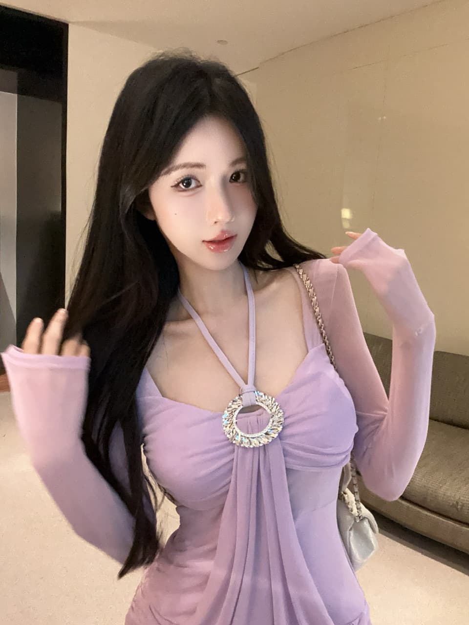 실사 2026 순수한 욕망 핫걸 작은 섹시함 행침 목 광장 칼라 디자인 센스 표지 배 몸매 가꾸기 작은 대중 망사 드레스 상세 이미지 6