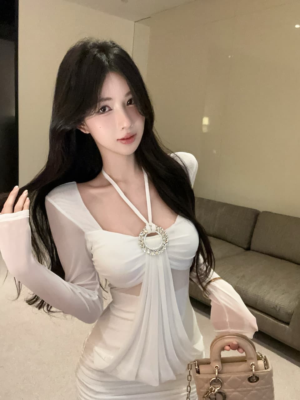실사 2026 순수한 욕망 핫걸 작은 섹시함 행침 목 광장 칼라 디자인 센스 표지 배 몸매 가꾸기 작은 대중 망사 드레스 상세 이미지 13