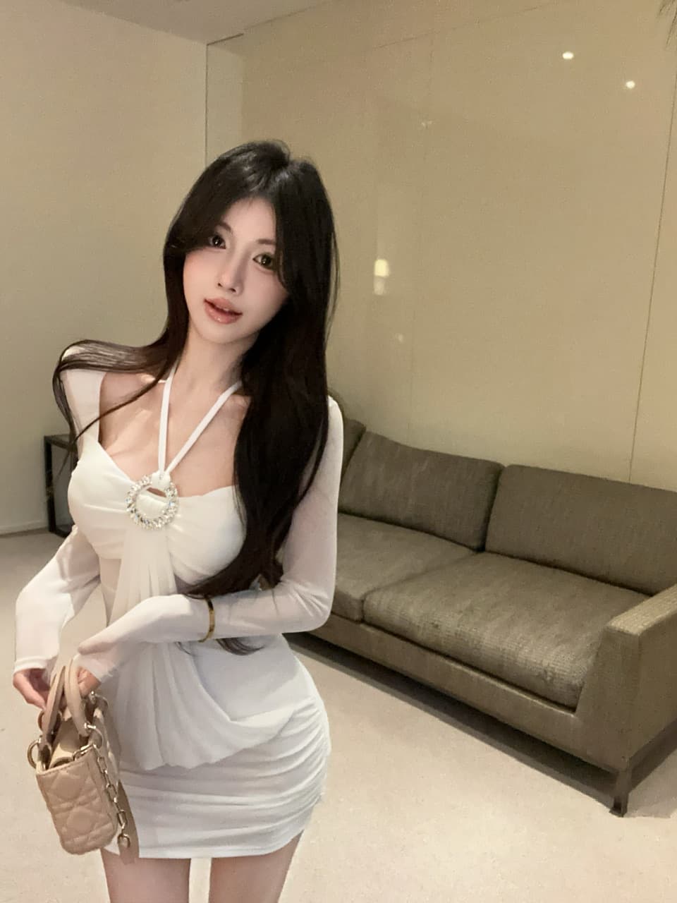 실사 2026 순수한 욕망 핫걸 작은 섹시함 행침 목 광장 칼라 디자인 센스 표지 배 몸매 가꾸기 작은 대중 망사 드레스 상세 이미지 15