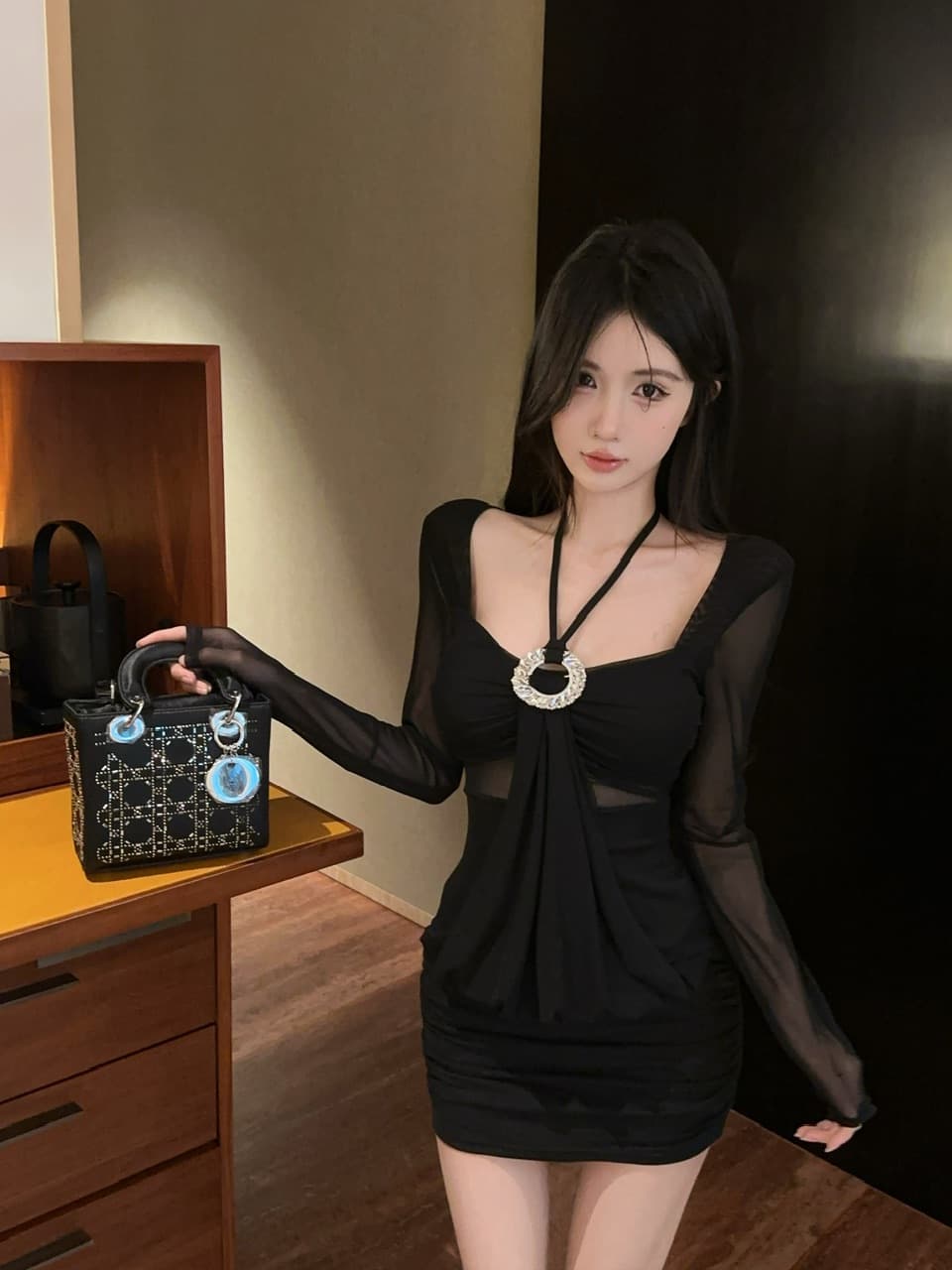 실사 2026 순수한 욕망 핫걸 작은 섹시함 행침 목 광장 칼라 디자인 센스 표지 배 몸매 가꾸기 작은 대중 망사 드레스 상세 이미지 22