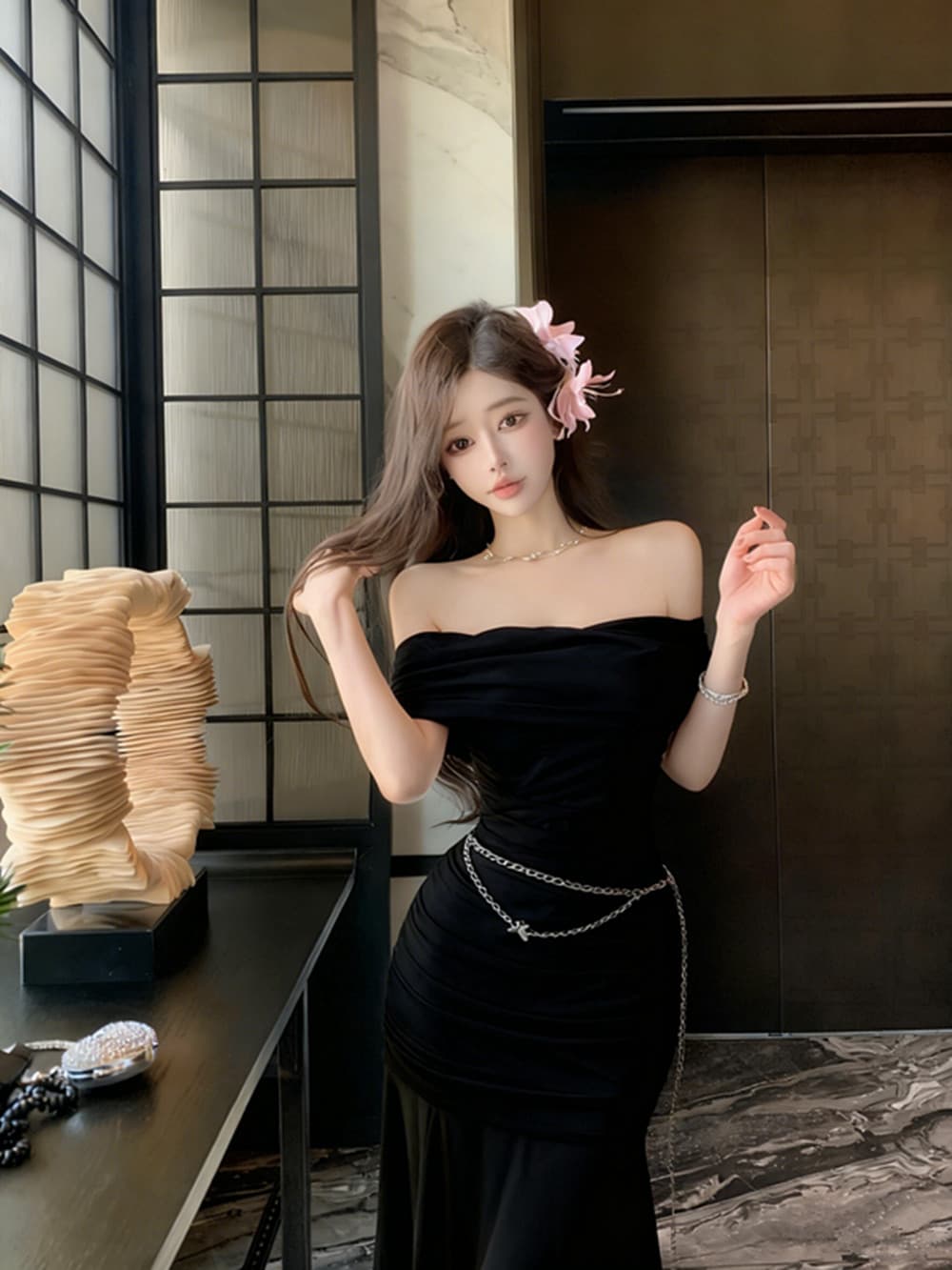 실사 프랑스식 천 골드 망사 오프숄더 튜브탑 드레스 여름 고급 센스 품격 명문 여성 슬림해 보이는 망사 치마 상세 이미지 12