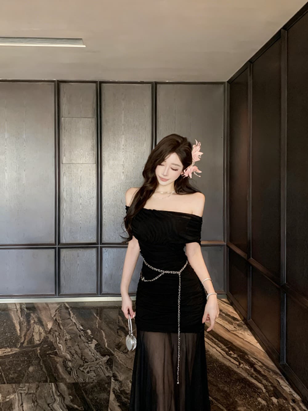 실사 프랑스식 천 골드 망사 오프숄더 튜브탑 드레스 여름 고급 센스 품격 명문 여성 슬림해 보이는 망사 치마 상세 이미지 19