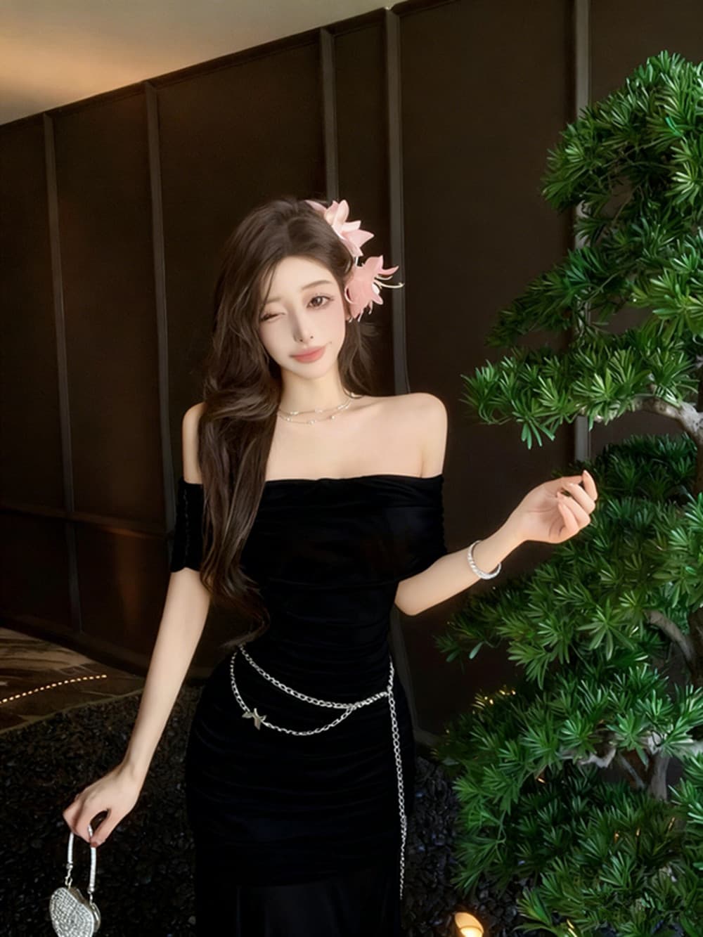 실사 프랑스식 천 골드 망사 오프숄더 튜브탑 드레스 여름 고급 센스 품격 명문 여성 슬림해 보이는 망사 치마 상세 이미지 20