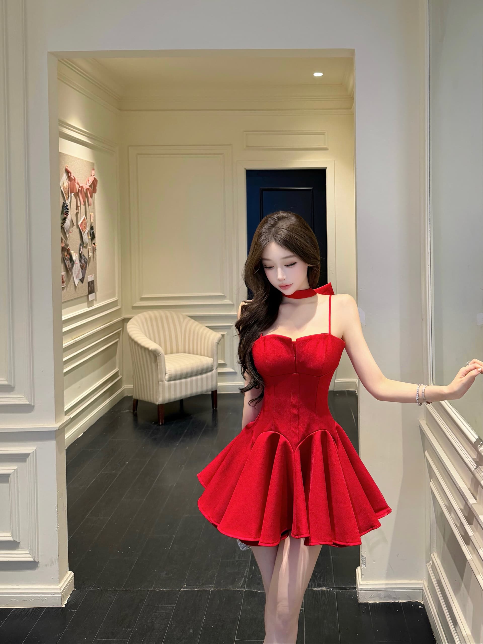실사 2026 합격 작은 고추 프랑스식 분위기 센스 민소매 달콤한 매운맛 바람 슬립 빨간색 퍼프 슬림해 보이는 드레스 상세 이미지 5