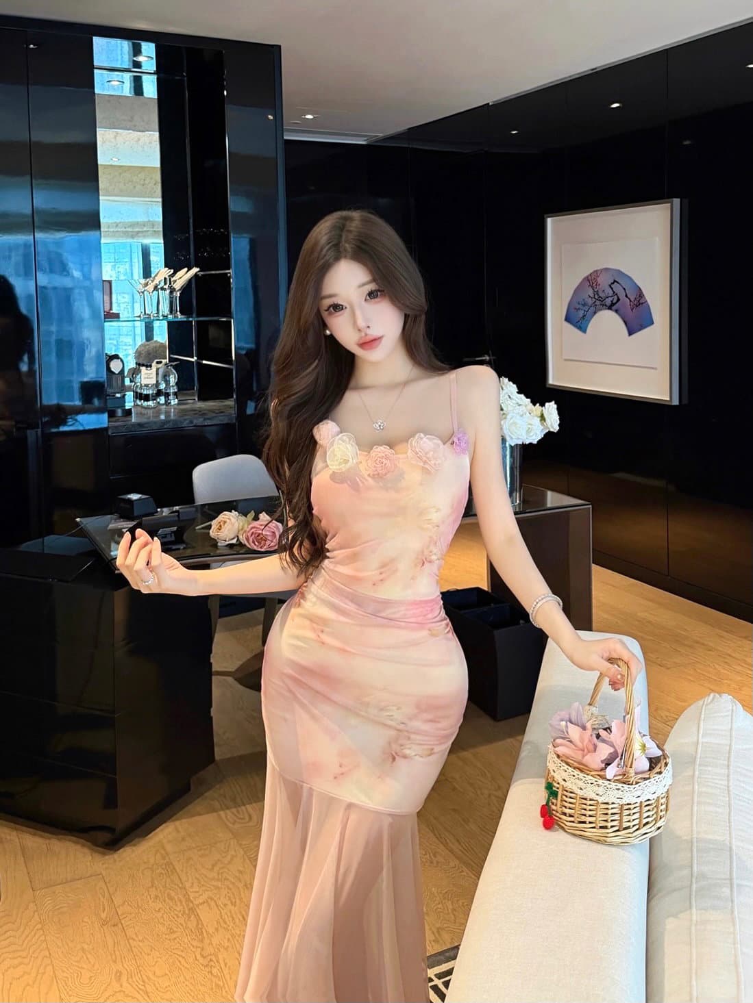 실사 프랑스식 작은 대중 아름다운 꽃무늬 드레스 도루 가을 센스 품격 망사 중간 길이 치마 여름 새로운 여성 의류 상세 이미지 1