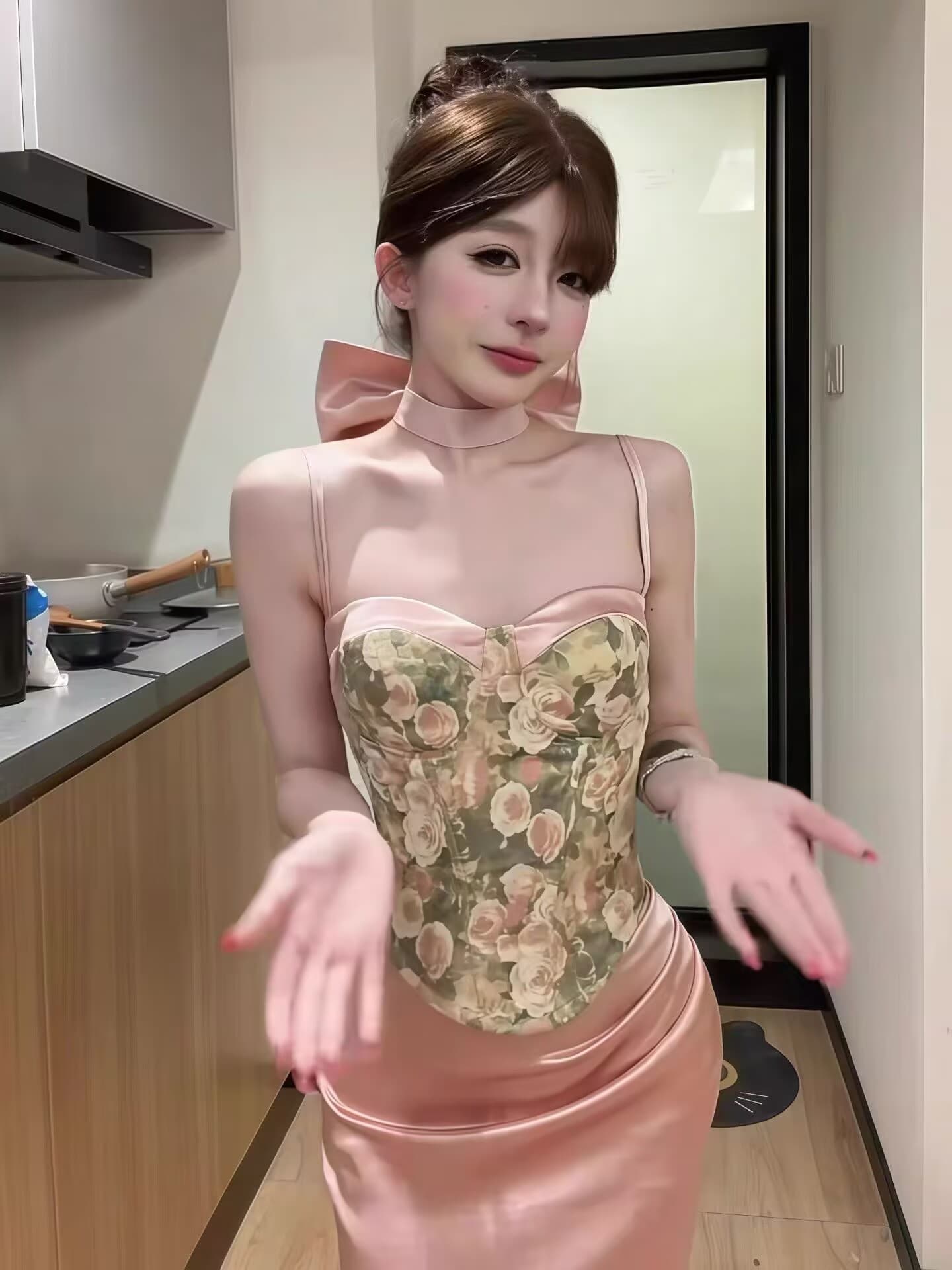 실사 순수한 욕망 바람 고급 센스 나비 매듭 꽃무늬 캐미솔 여름 세트 새틴 인어 꼬리 반신 스커트 투피스 세트 상세 이미지 16