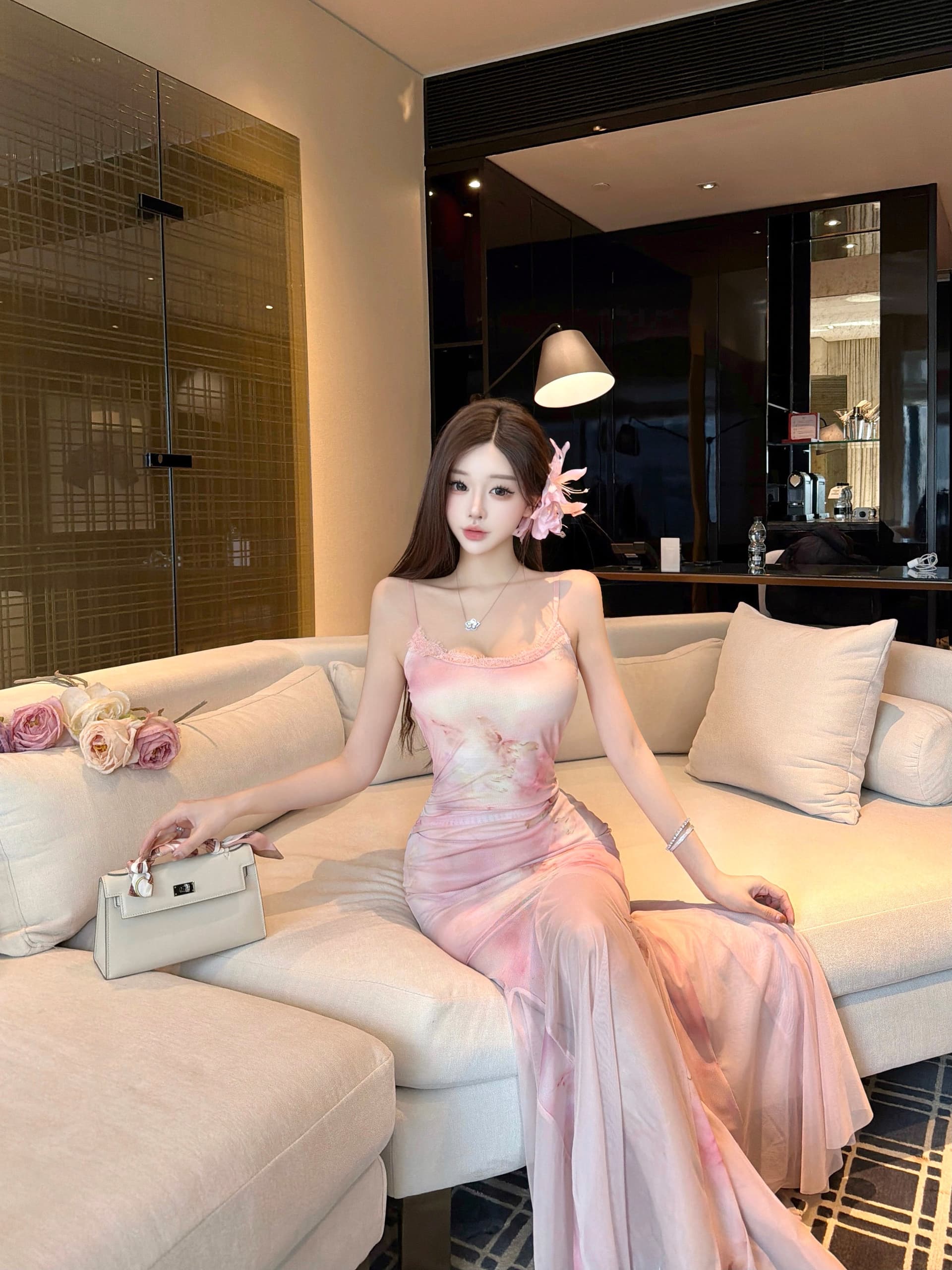 실사 2026 Chic 아름다운 휴일 꽃무늬 몸매 가꾸기 슬립 드레스 품격 슬림해 보이는 망사 롱 스커트 여성 여름 상세 이미지 5
