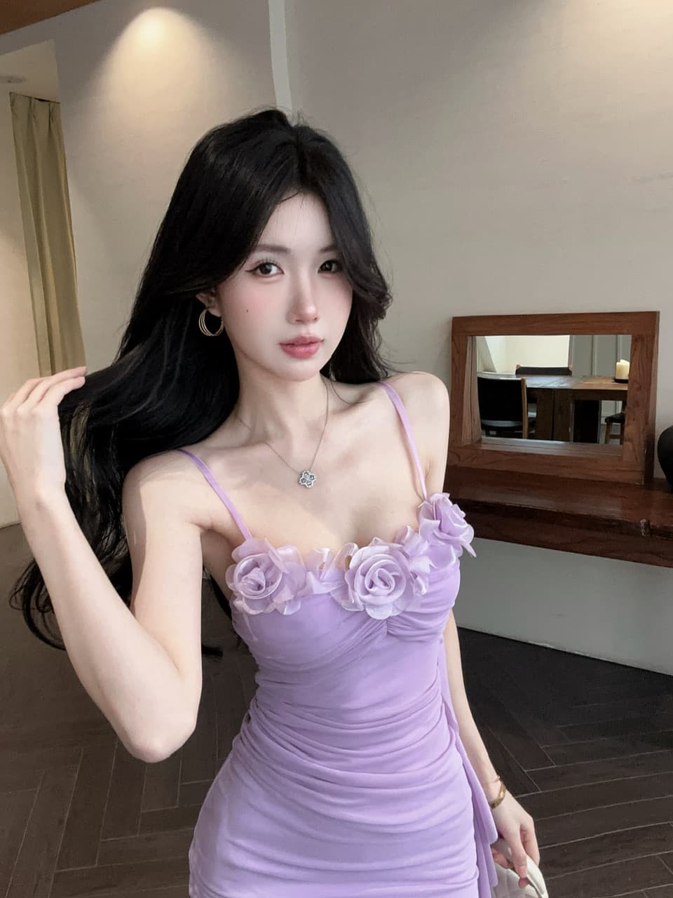 실사 보라색 꽃 망사 슬립 여성 드레스 여름 섹시함 순수한 욕망 섹시함 타이트 스커트 아름다운 튜브탑 작은 치마 상세 이미지 1