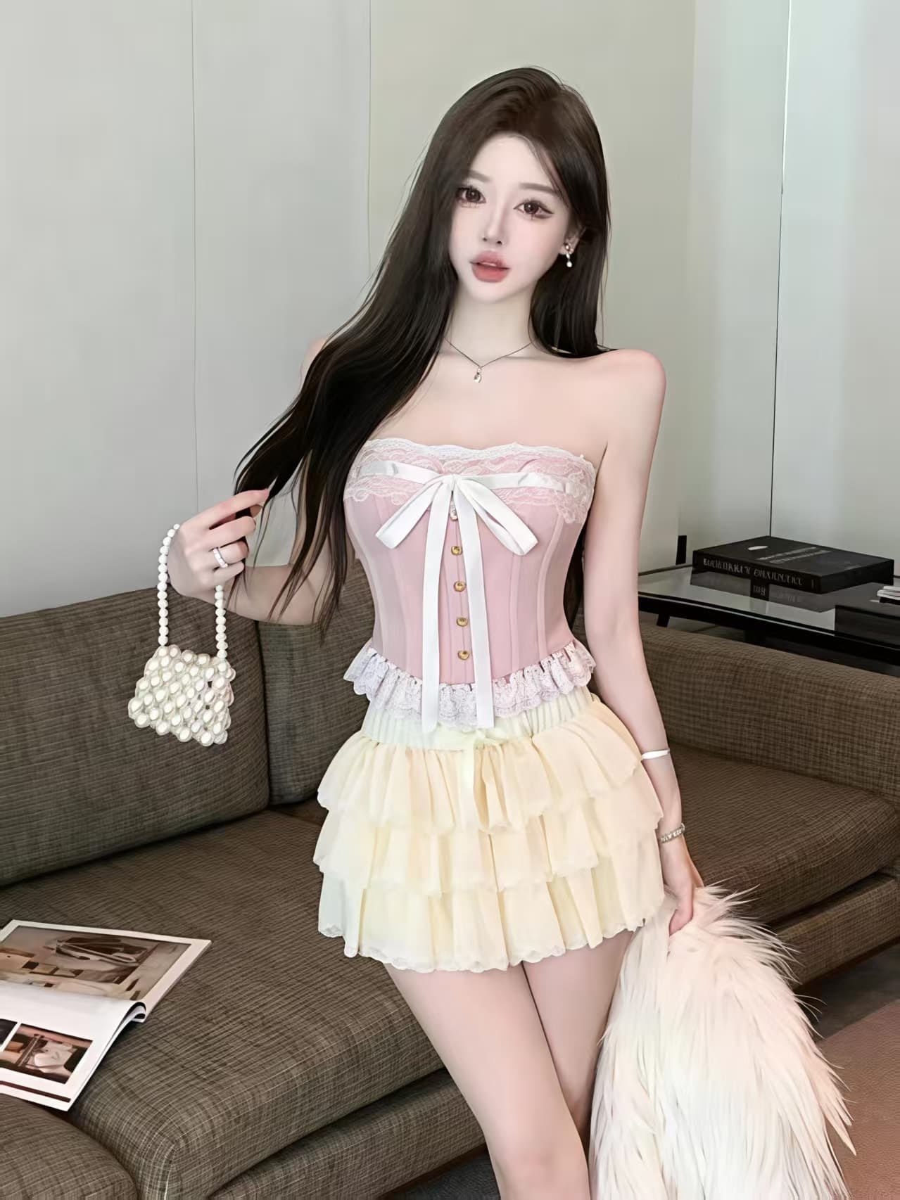 실사 궁정 달콤함 나비 매듭 레이스 측면 허리 수축 레이스업 튜브탑 의류 살구 색상 허리밴드 공주 반 스커트 세트 이미지 4