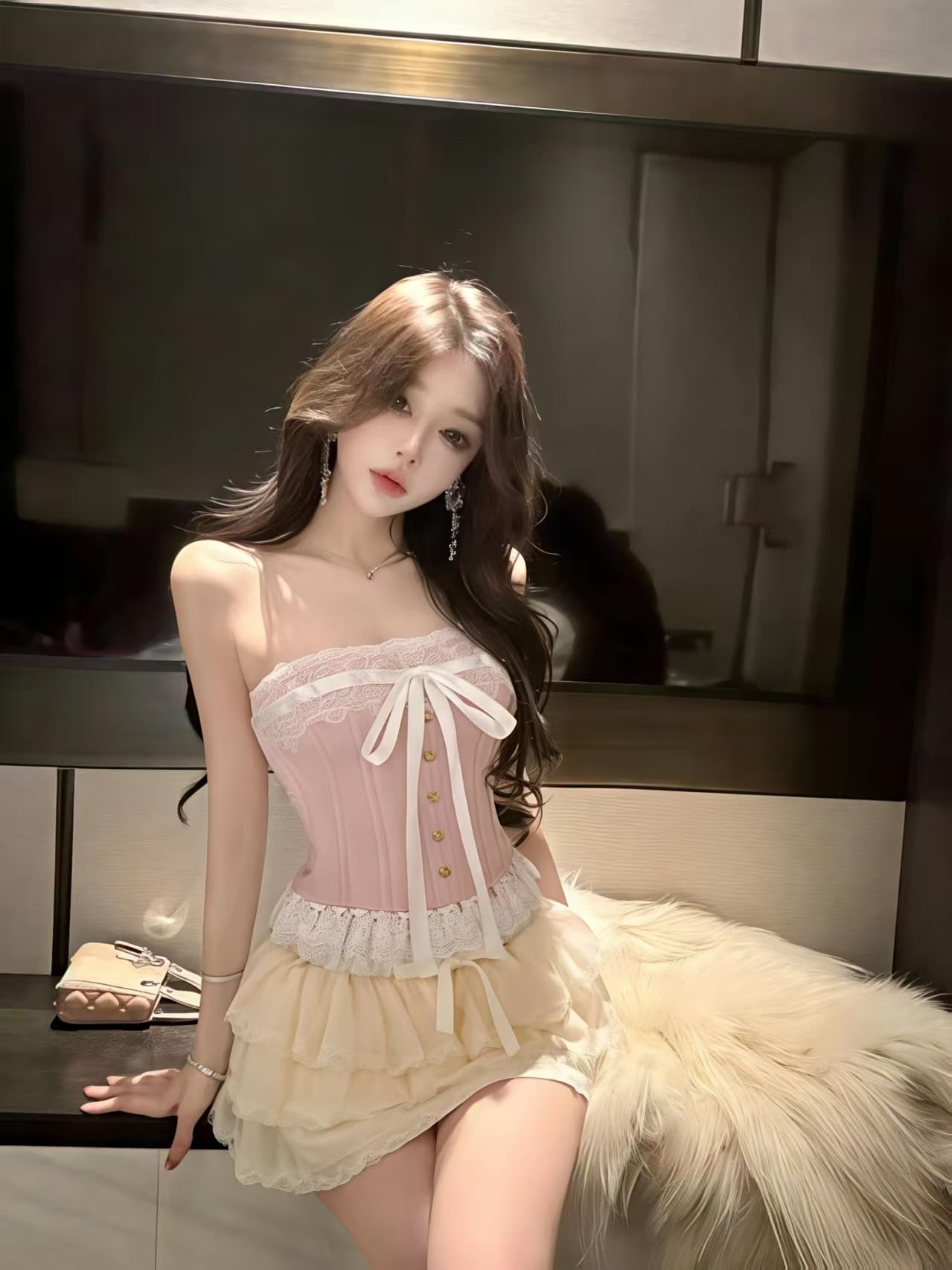 실사 궁정 달콤함 나비 매듭 레이스 측면 허리 수축 레이스업 튜브탑 의류 살구 색상 허리밴드 공주 반 스커트 세트 상세 이미지 5
