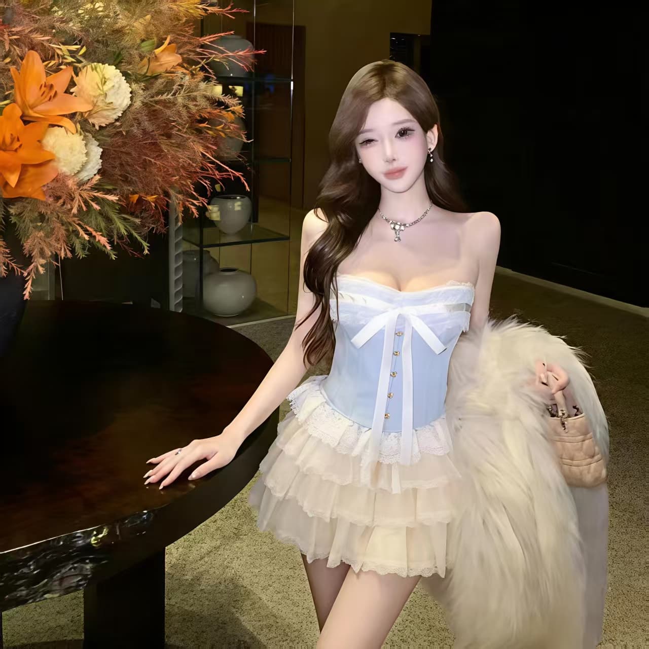 실사 궁정 달콤함 나비 매듭 레이스 측면 허리 수축 레이스업 튜브탑 의류 살구 색상 허리밴드 공주 반 스커트 세트 상세 이미지 11