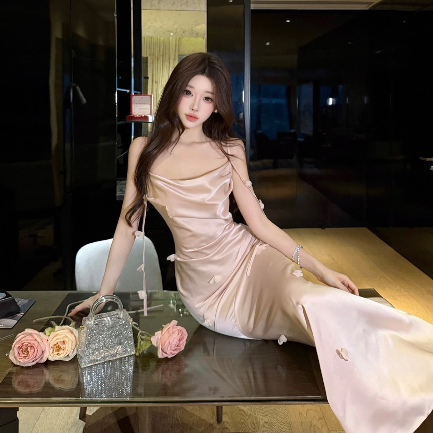 실사 핑크색 슬립 여성 드레스 섹시함 몸매 가꾸기 타이트 스커트 고급 센스 꽃 생일 연회 예복 공주 드레스 상세 이미지 3
