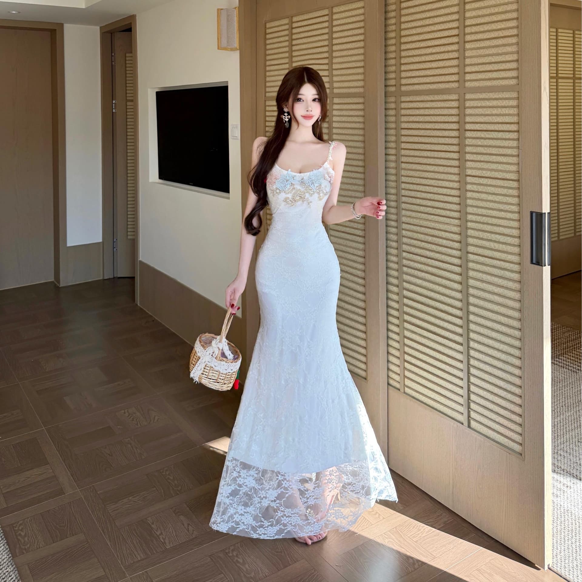 실사 디자인 센스 부드러운 슈퍼 요정 꽃 색상 패치워크 슬립 레이스 슬립 해변가 휴가 바람 품격 롱 스커트 이미지 5