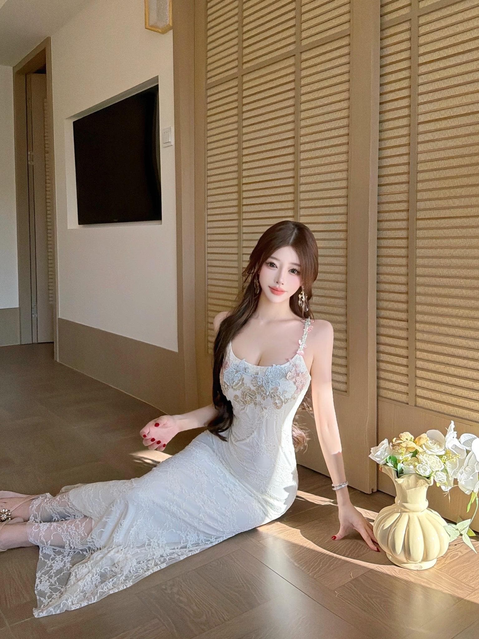 실사 디자인 센스 부드러운 슈퍼 요정 꽃 색상 패치워크 슬립 레이스 슬립 해변가 휴가 바람 품격 롱 스커트 상세 이미지 13