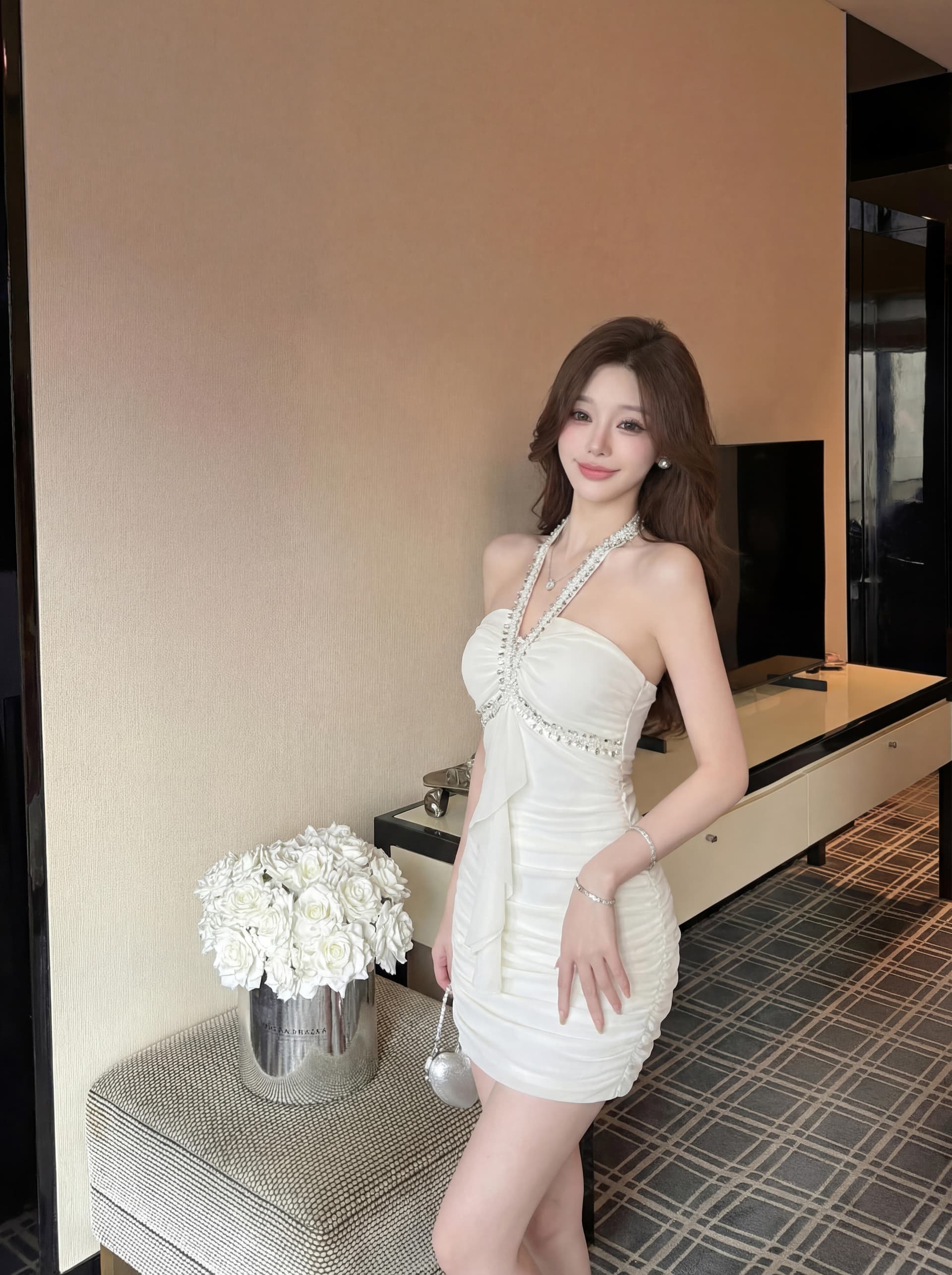 실사 빛 럭셔리 바람 다이아몬드 세팅 행침 목 드레스 망사 주름 장식 허리 수축 타이트 스커트 명문 여성 품격 슬림해 보이는 외국 가스 치마 상세 이미지 22