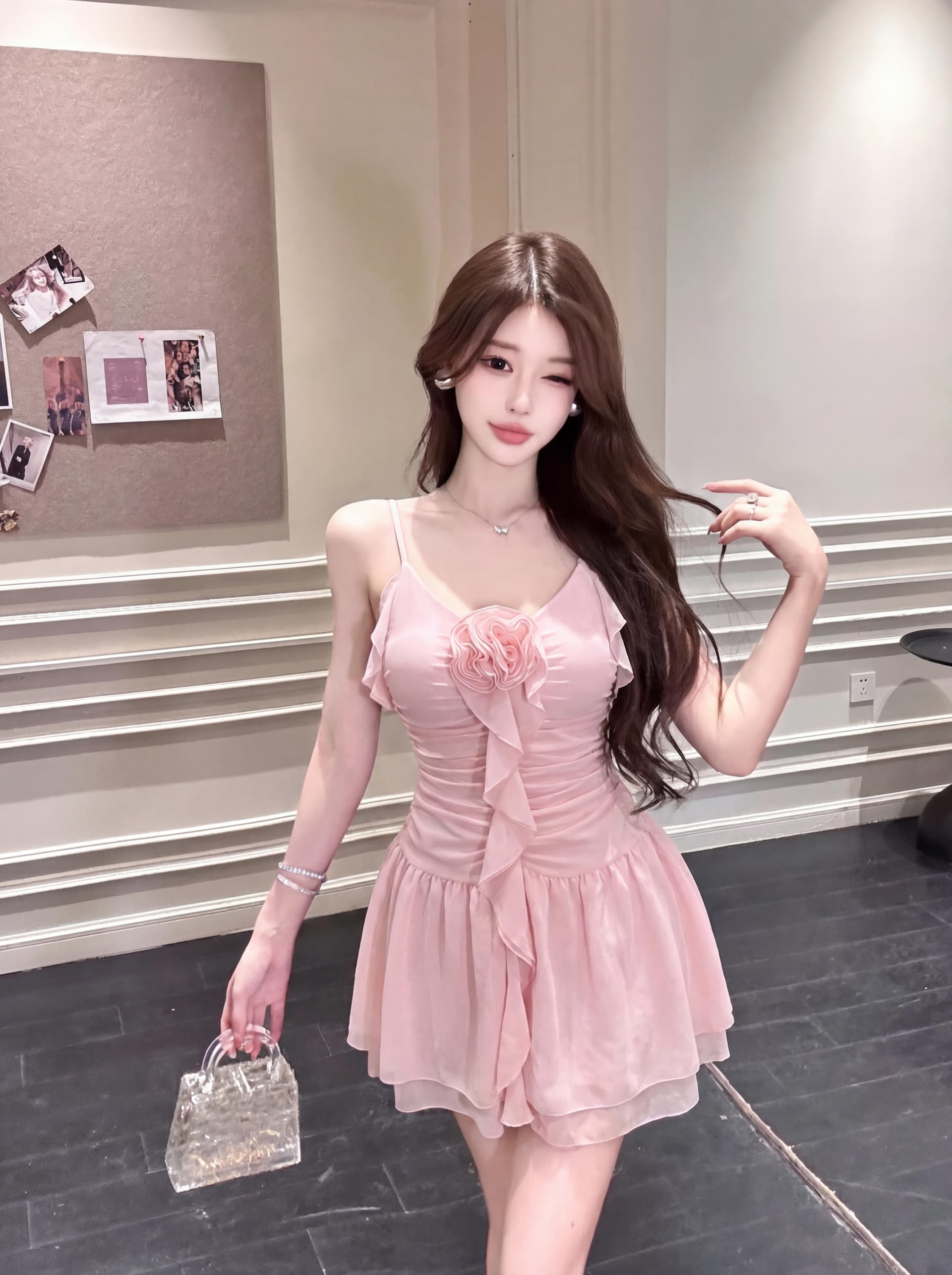 실사 순수한 부드러운 바람 장미 꽃 행침 목 드레스 여름 프랑스식 슈퍼 요정 리본 주름 장식 프릴 미니 스커트 상세 이미지 6