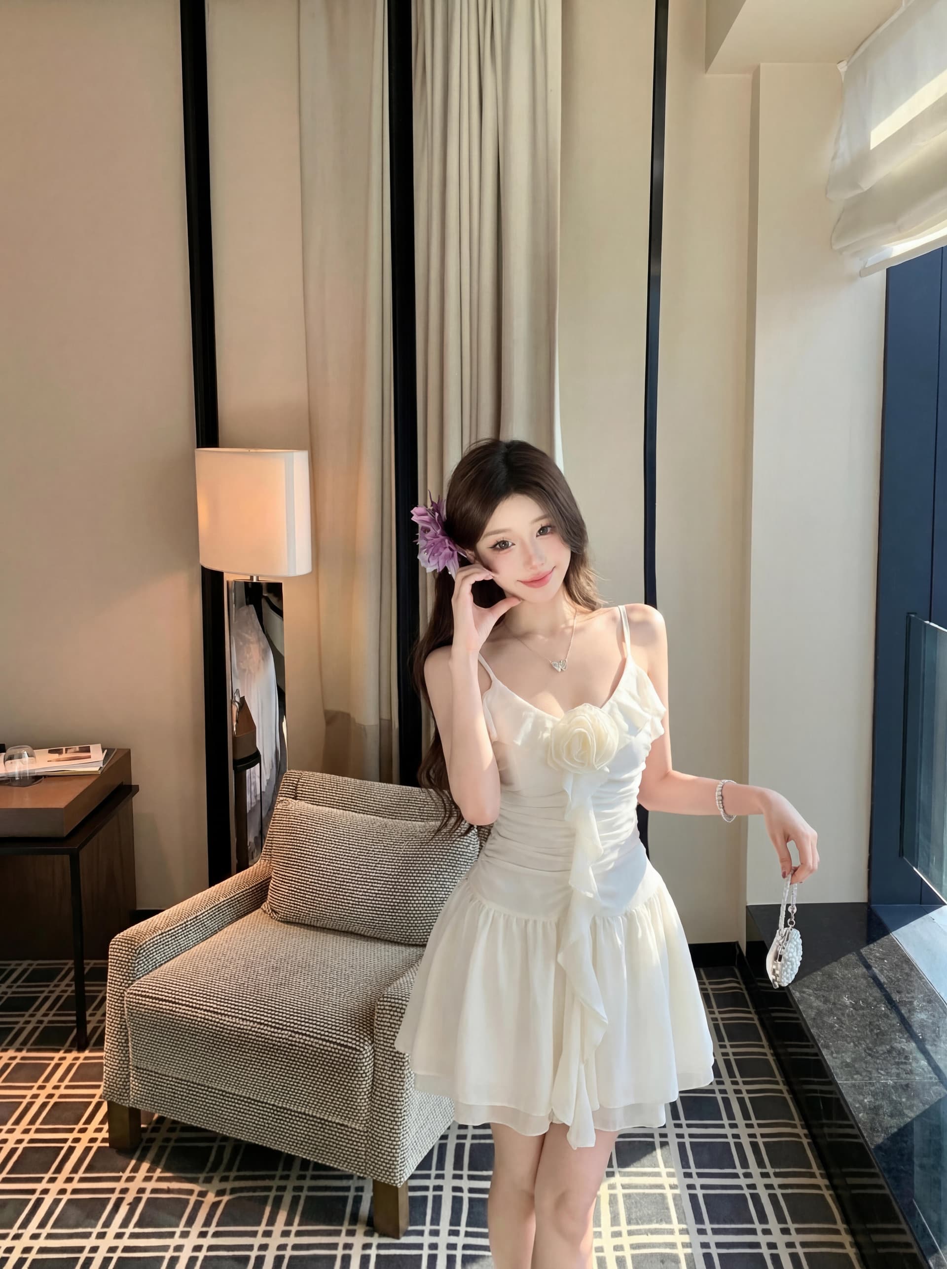 실사 순수한 부드러운 바람 장미 꽃 행침 목 드레스 여름 프랑스식 슈퍼 요정 리본 주름 장식 프릴 미니 스커트 상세 이미지 12