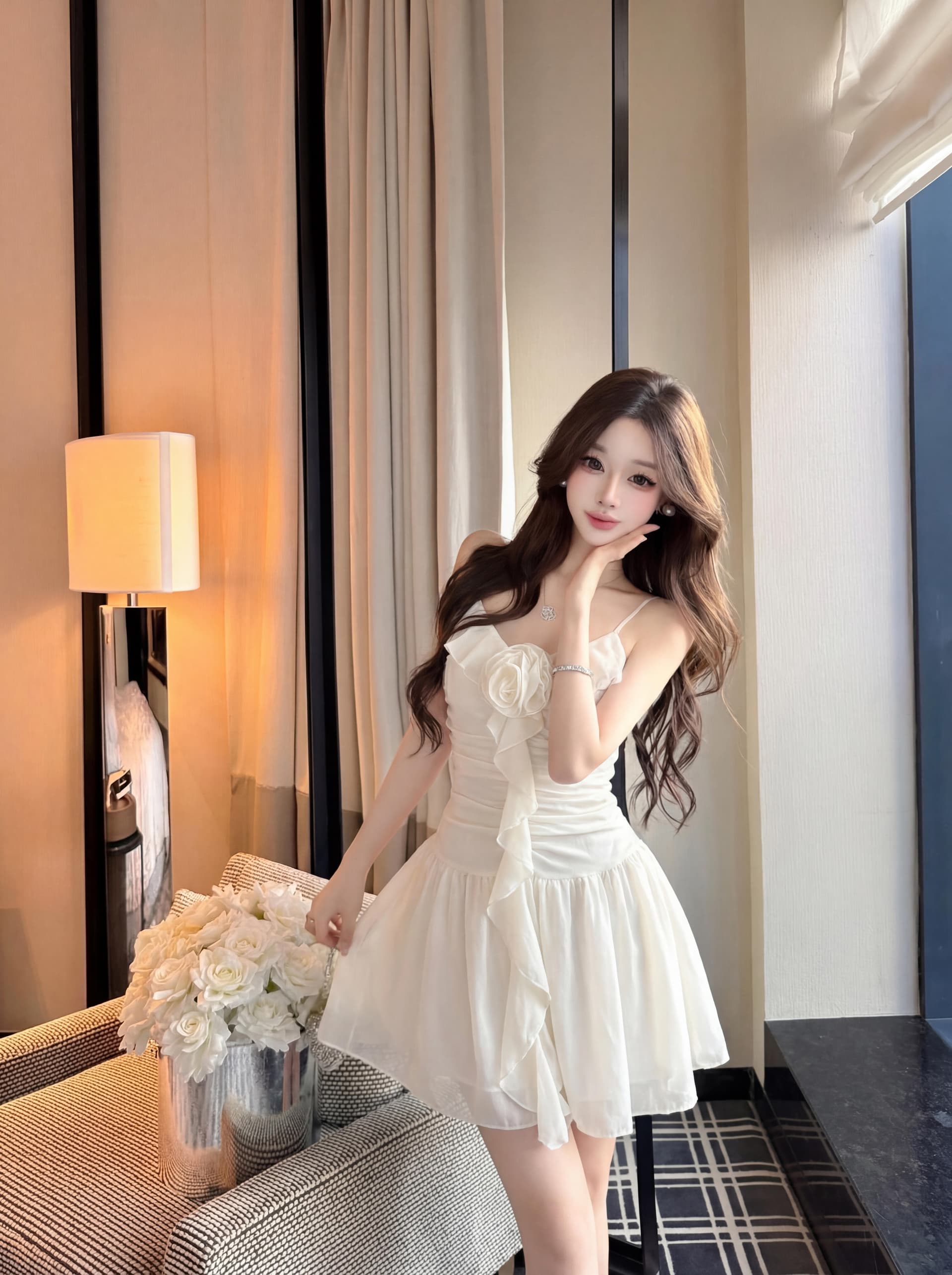 실사 순수한 부드러운 바람 장미 꽃 행침 목 드레스 여름 프랑스식 슈퍼 요정 리본 주름 장식 프릴 미니 스커트 상세 이미지 14