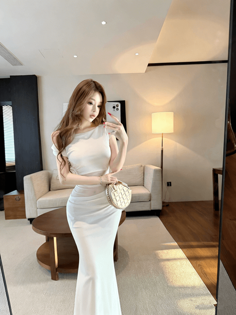 실사 핫걸 순수한 욕망 바람 오프숄더 드레스 디자인 센스 망사 시스루 품격 아름다운 허리 수축 타이트 스커트 롱 스커트 상세 이미지 7