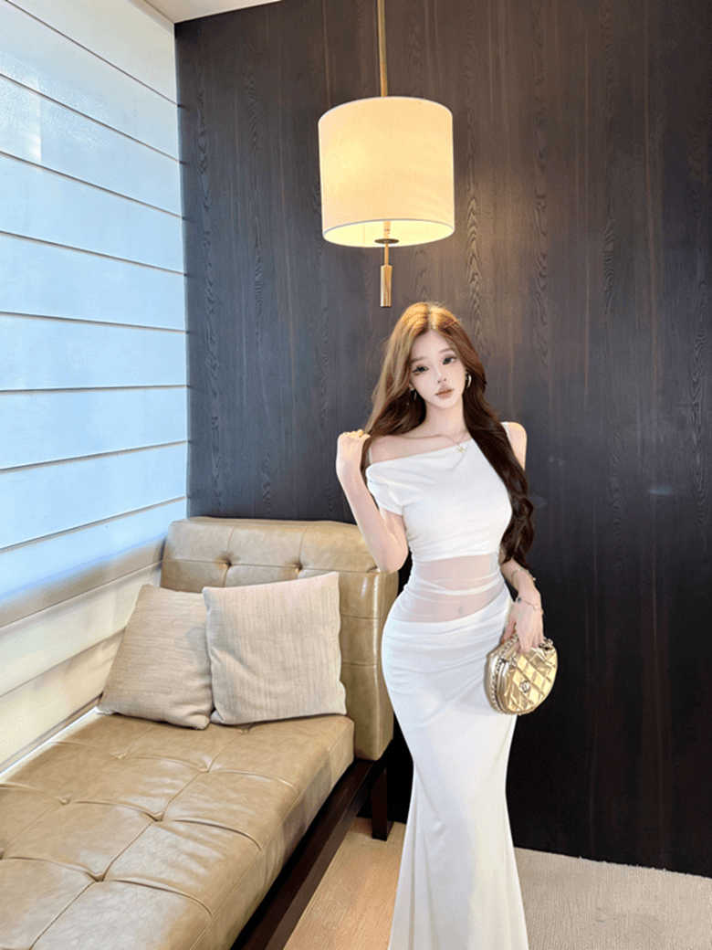 실사 핫걸 순수한 욕망 바람 오프숄더 드레스 디자인 센스 망사 시스루 품격 아름다운 허리 수축 타이트 스커트 롱 스커트 상세 이미지 8