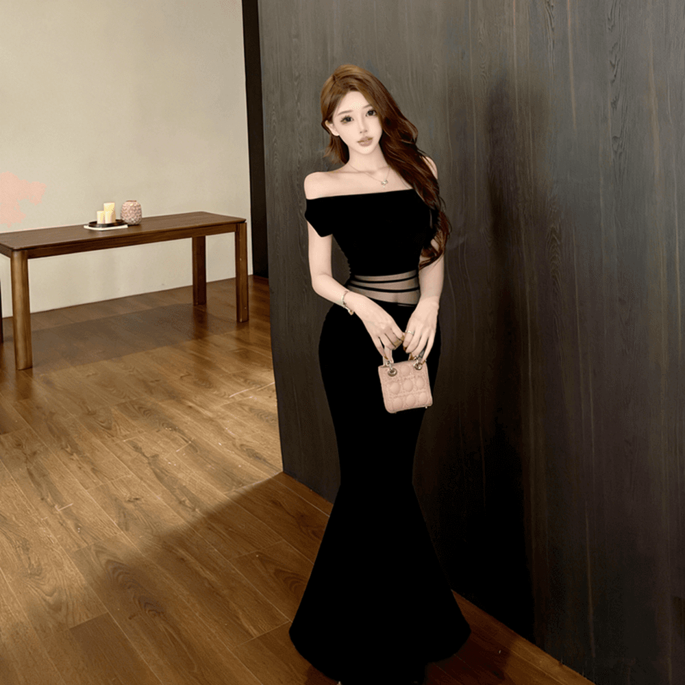 실사 핫걸 순수한 욕망 바람 오프숄더 드레스 디자인 센스 망사 시스루 품격 아름다운 허리 수축 타이트 스커트 롱 스커트 상세 이미지 17