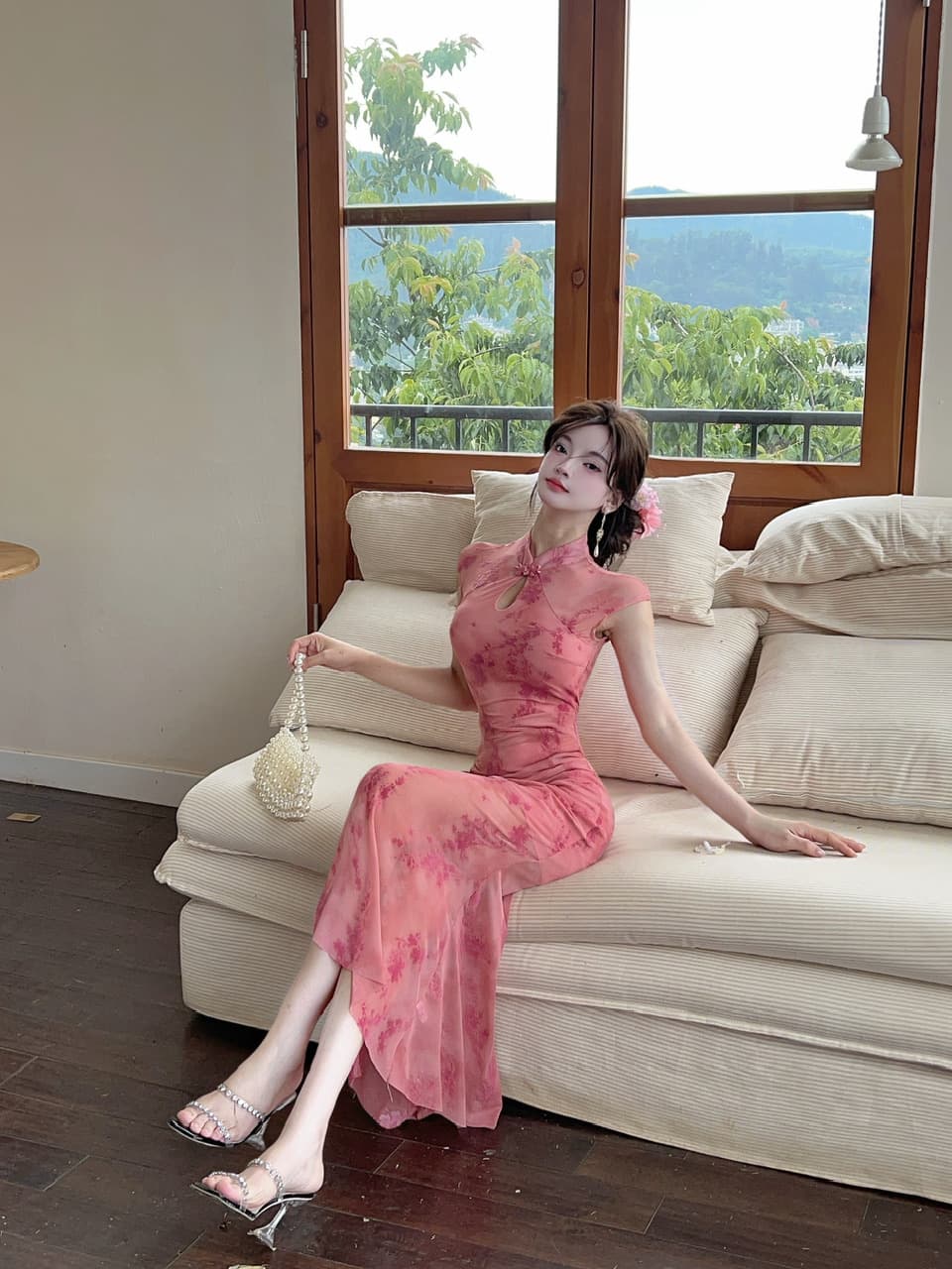 실사 새로운 중식 망사 패치워크 보라색 꽃무늬 향상된 버전 치파오 드레스 섹시함 핫걸 허리 수축 타이트 스커트 드레스 상세 이미지 30