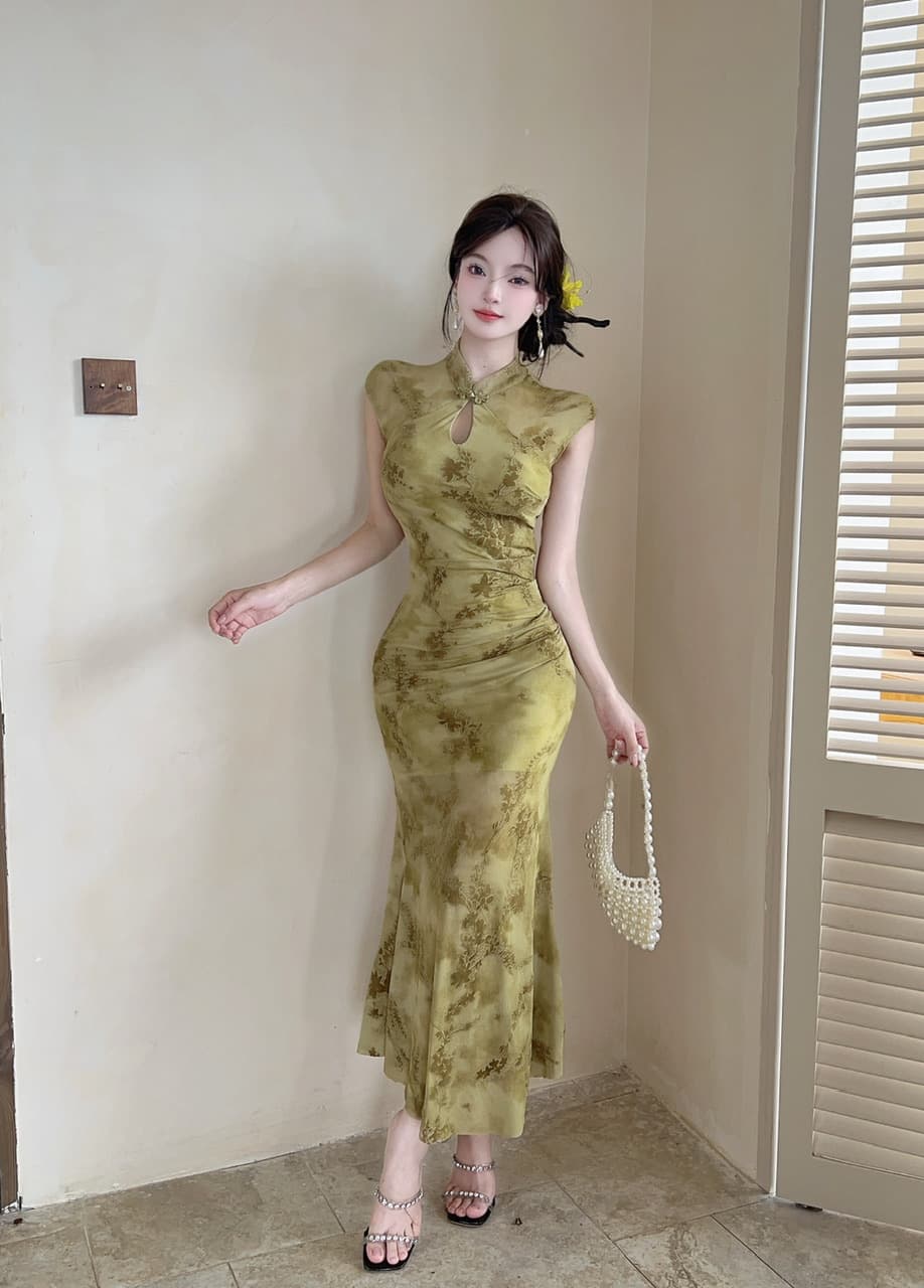 실사 새로운 중식 망사 패치워크 보라색 꽃무늬 향상된 버전 치파오 드레스 섹시함 핫걸 허리 수축 타이트 스커트 드레스 상세 이미지 42
