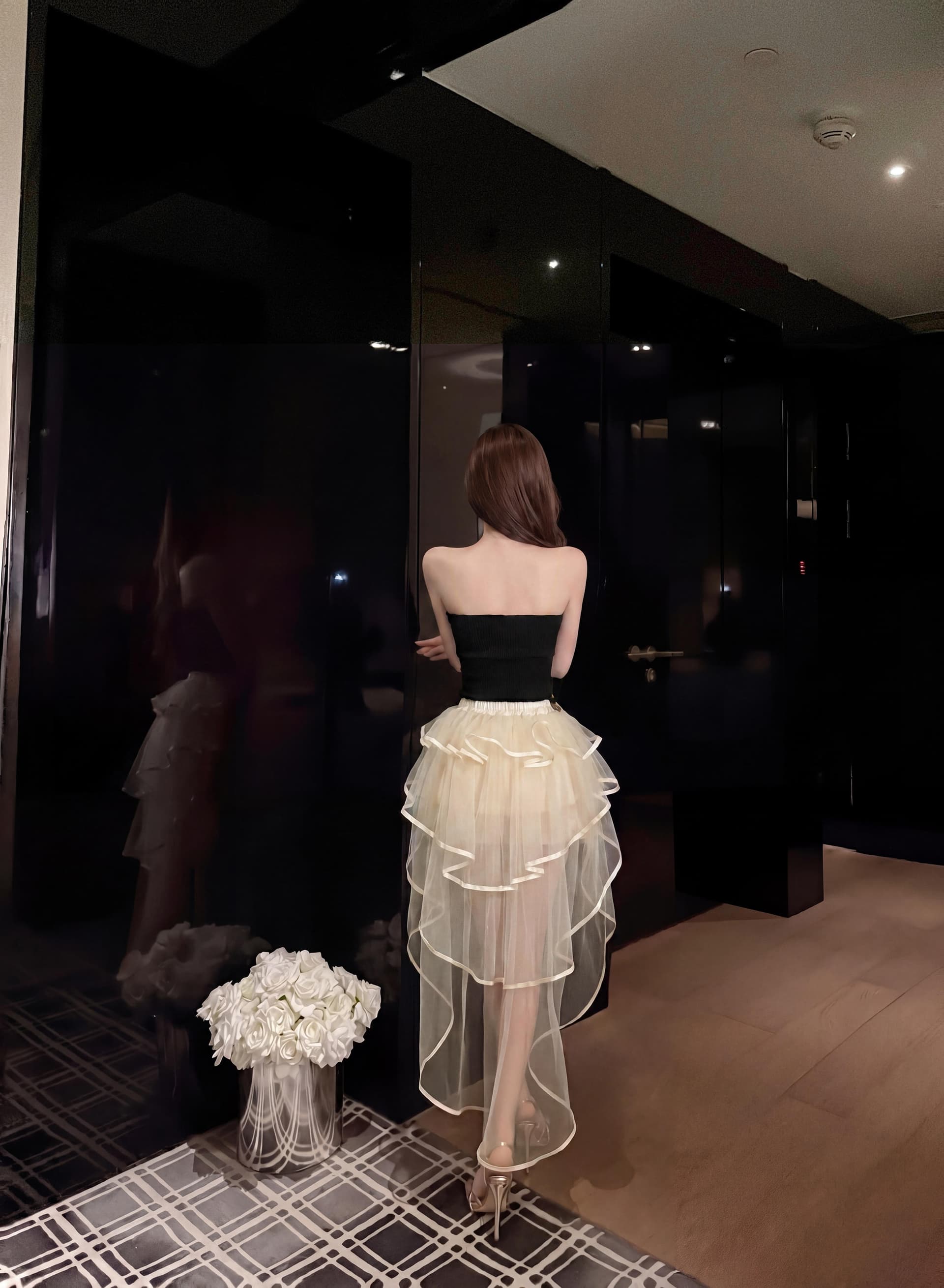 실사 순수한 욕망 핫걸 레이스 도트 무늬 튜브탑 맨위 다중 레이어 구름 퍼프 끌기 꼬리 미니 스커트 세트 완료 외국 가스 착용 가져 가라. 상세 이미지 11