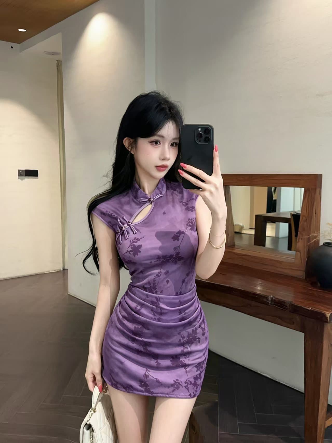 실사 보라색 디자인 센스 섹시함 바람 새로운 중식 향상된 버전 치파오 여성 드레스 품격 아름다운 타이트 스커트 미니 스커트 상세 이미지 1