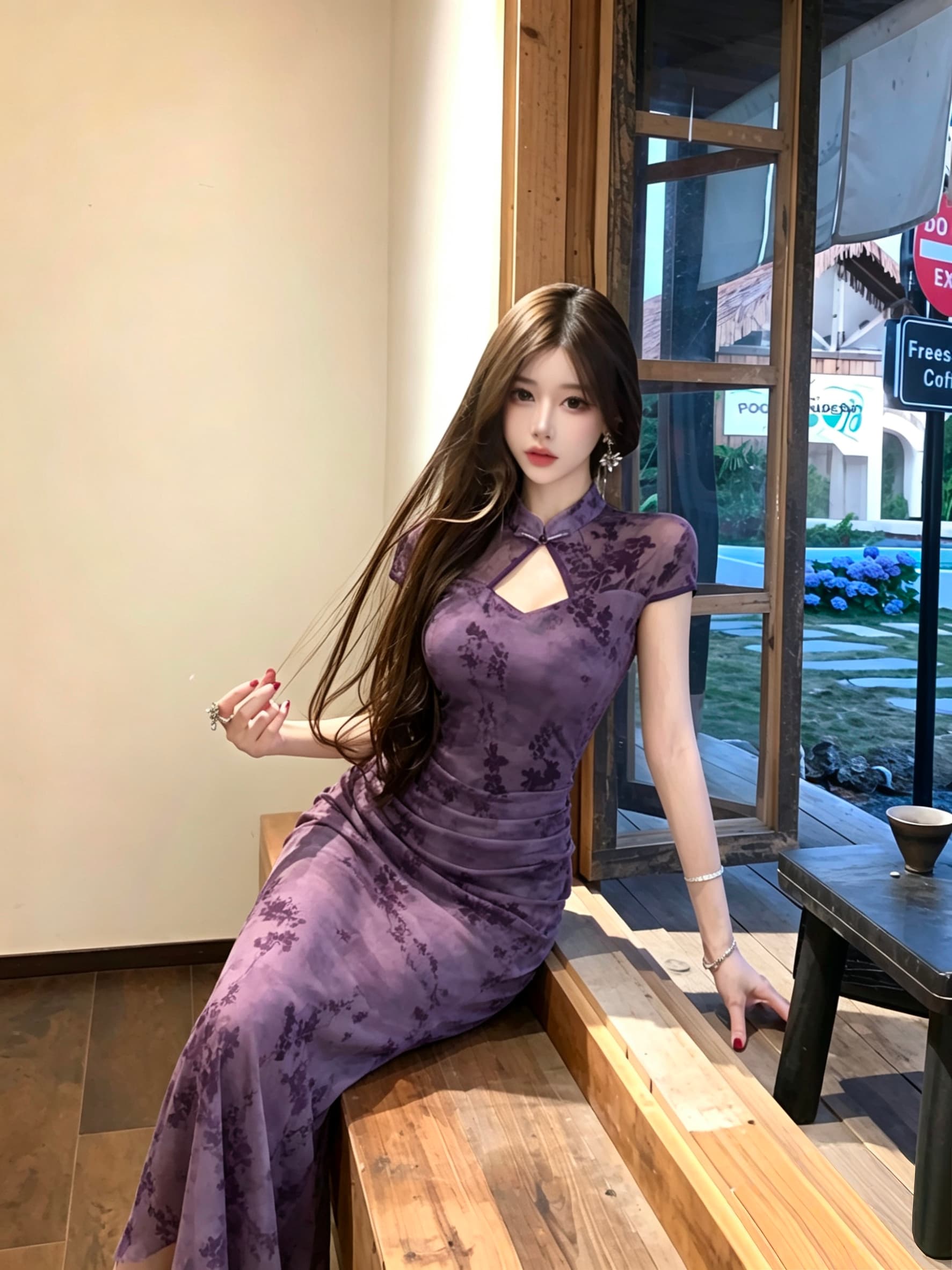 실사 국풍 새로운 중식 보라색 홀로우 아웃 꽃무늬 향상된 버전 치파오 드레스 관대 한 점잖은 아름다운 자이언트 잘 생긴 롱 스커트 상세 이미지 3