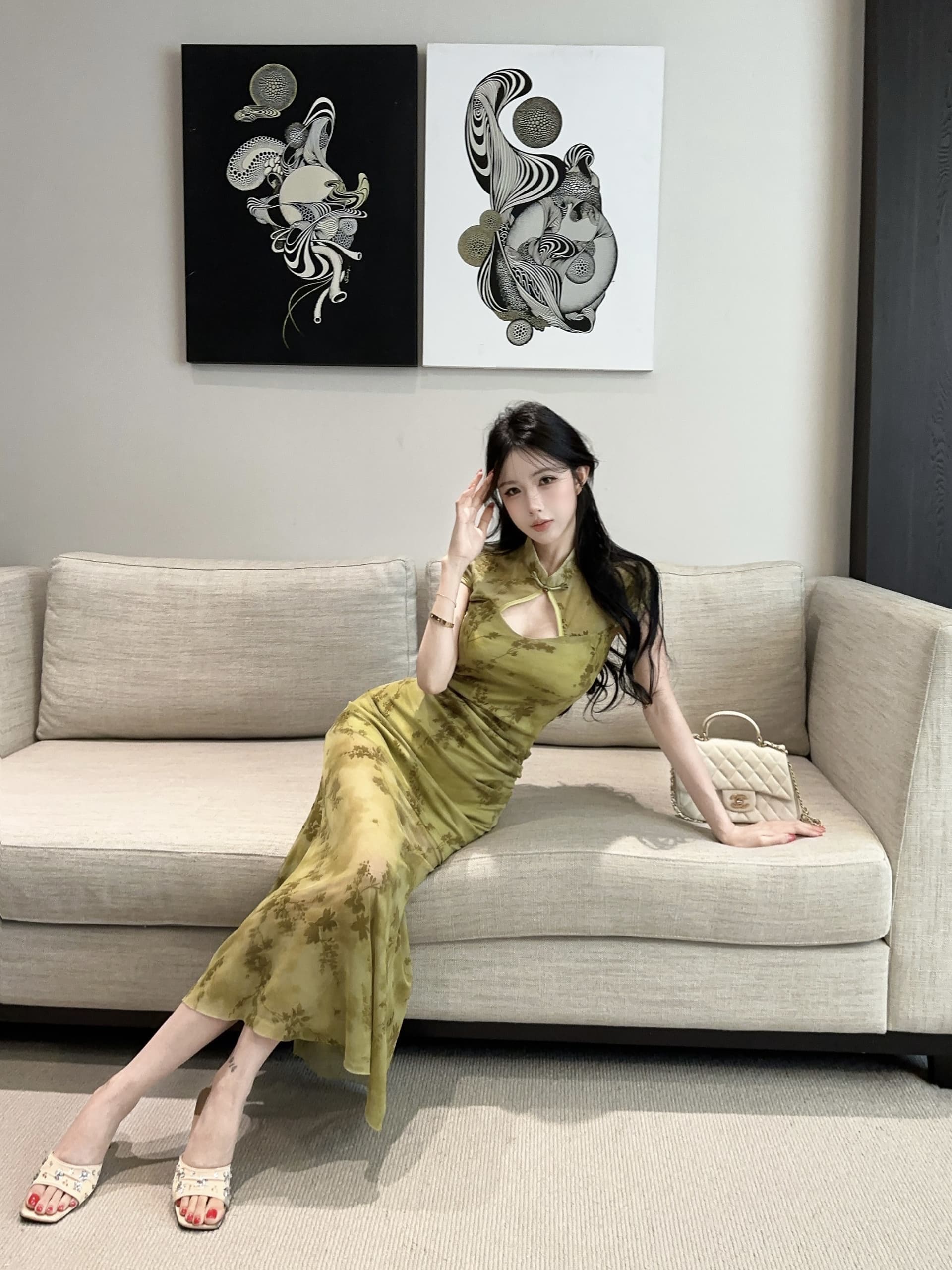 실사 국풍 새로운 중식 보라색 홀로우 아웃 꽃무늬 향상된 버전 치파오 드레스 관대 한 점잖은 아름다운 자이언트 잘 생긴 롱 스커트 상세 이미지 18