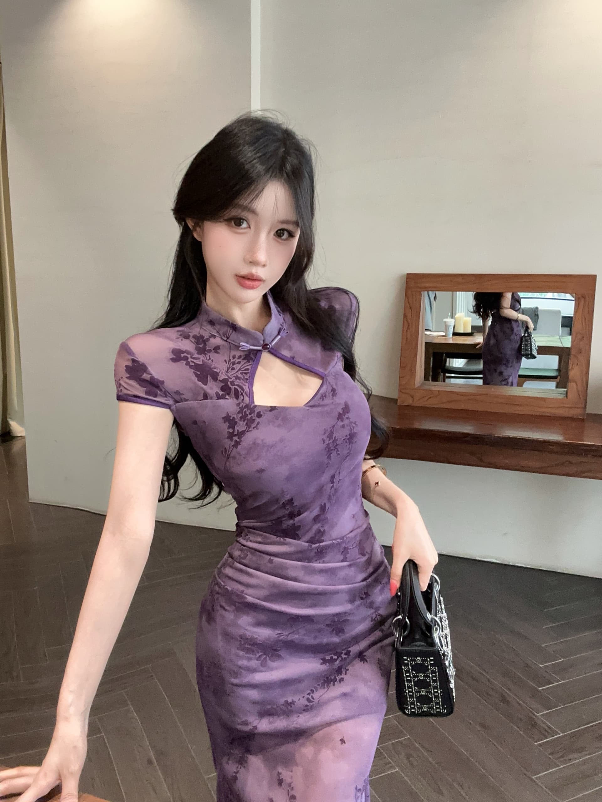 실사 국풍 새로운 중식 보라색 홀로우 아웃 꽃무늬 향상된 버전 치파오 드레스 관대 한 점잖은 아름다운 자이언트 잘 생긴 롱 스커트 상세 이미지 28