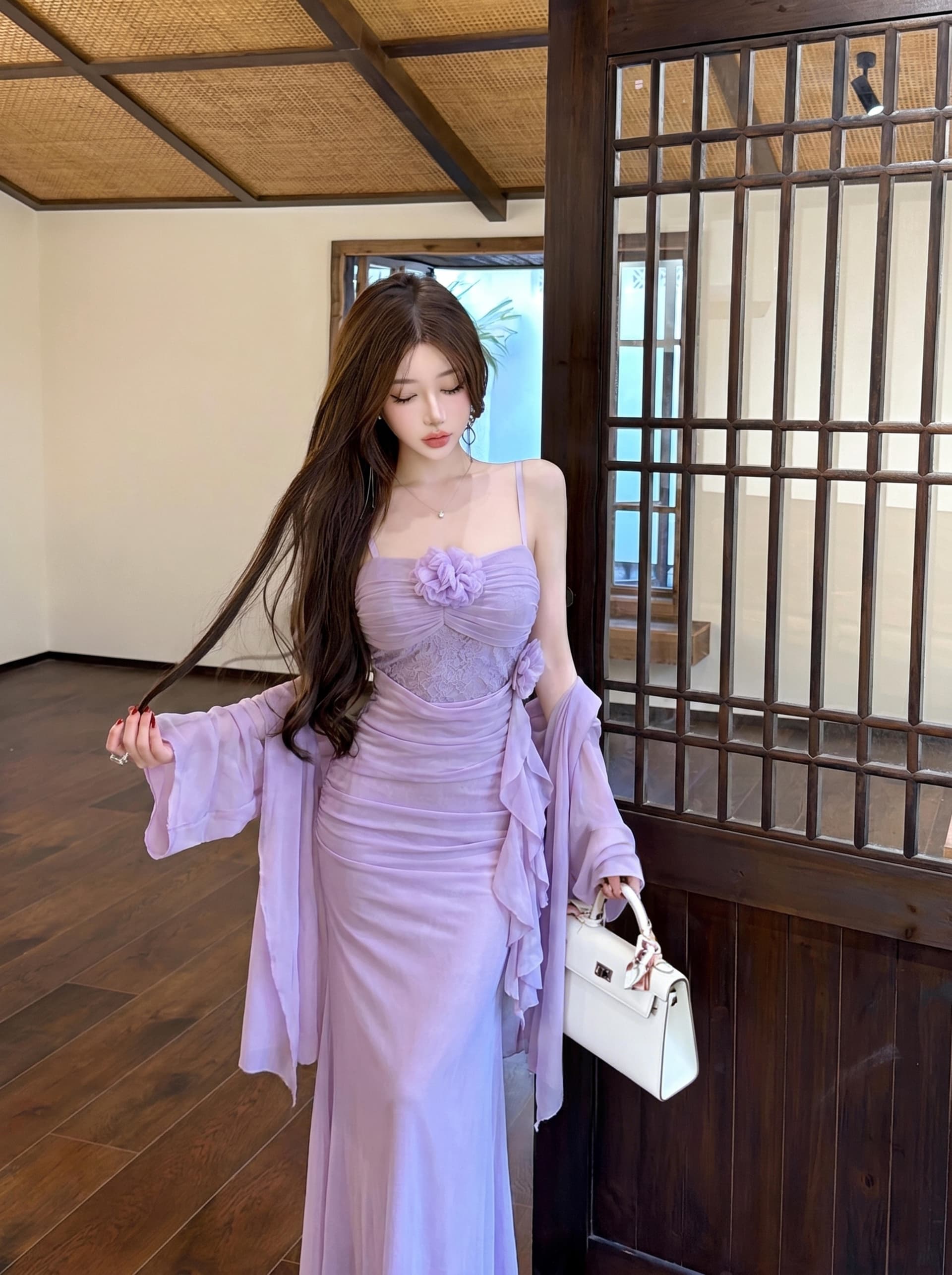 실사 부드러운 순수한 욕망 품격 아름다운 섹시함 핫걸 망사 슬립 드레스 자외선 차단 오픈 가디건 투피스 슈트 상세 이미지 20