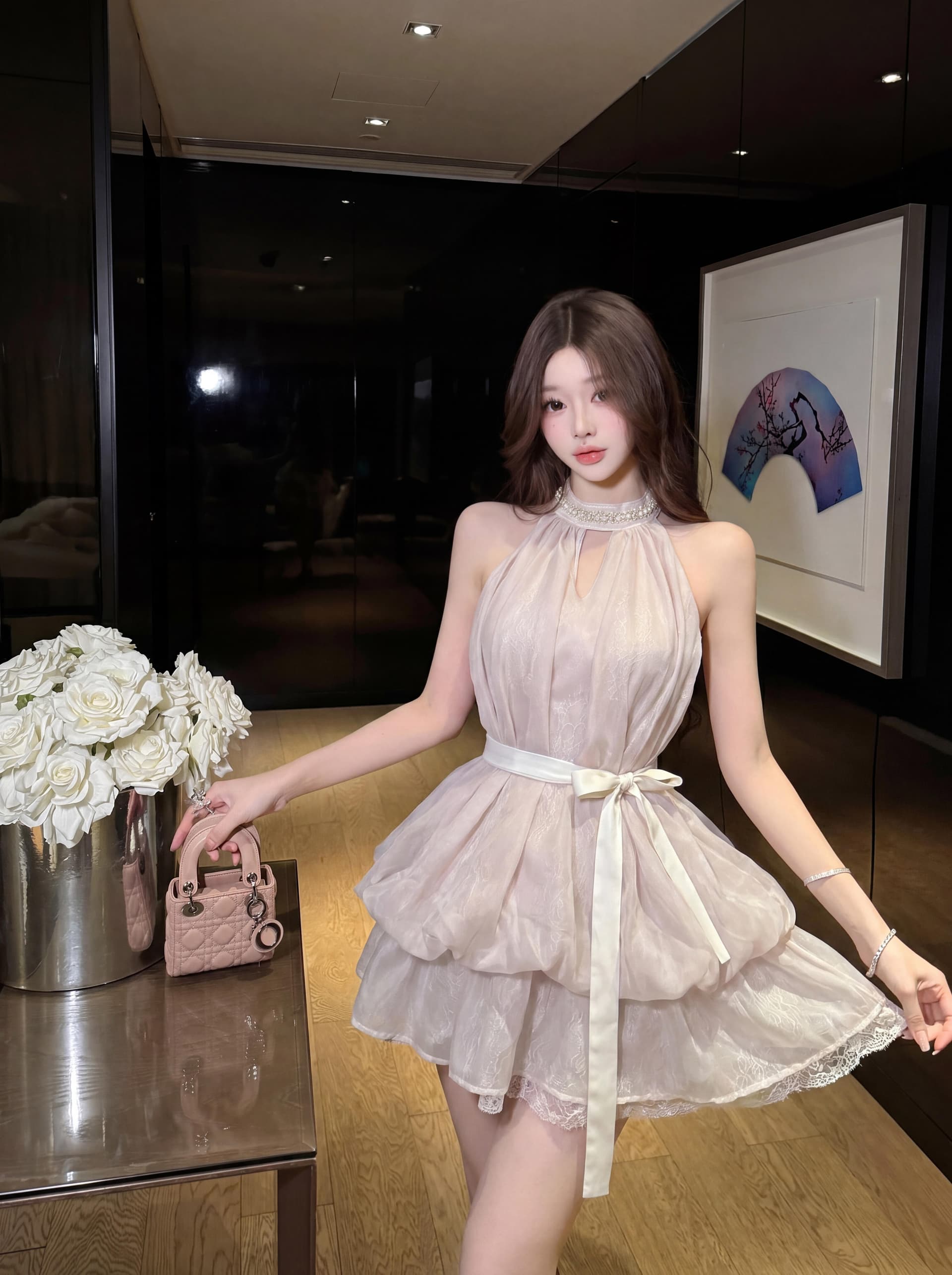 실사 천 골드 다이아몬드 세팅 구슬 꽃 칼라 행침 목 여성 드레스 단색 나비 매듭 허리 수축 꽃밭 달콤함 민소매 미니 스커트 이미지 4
