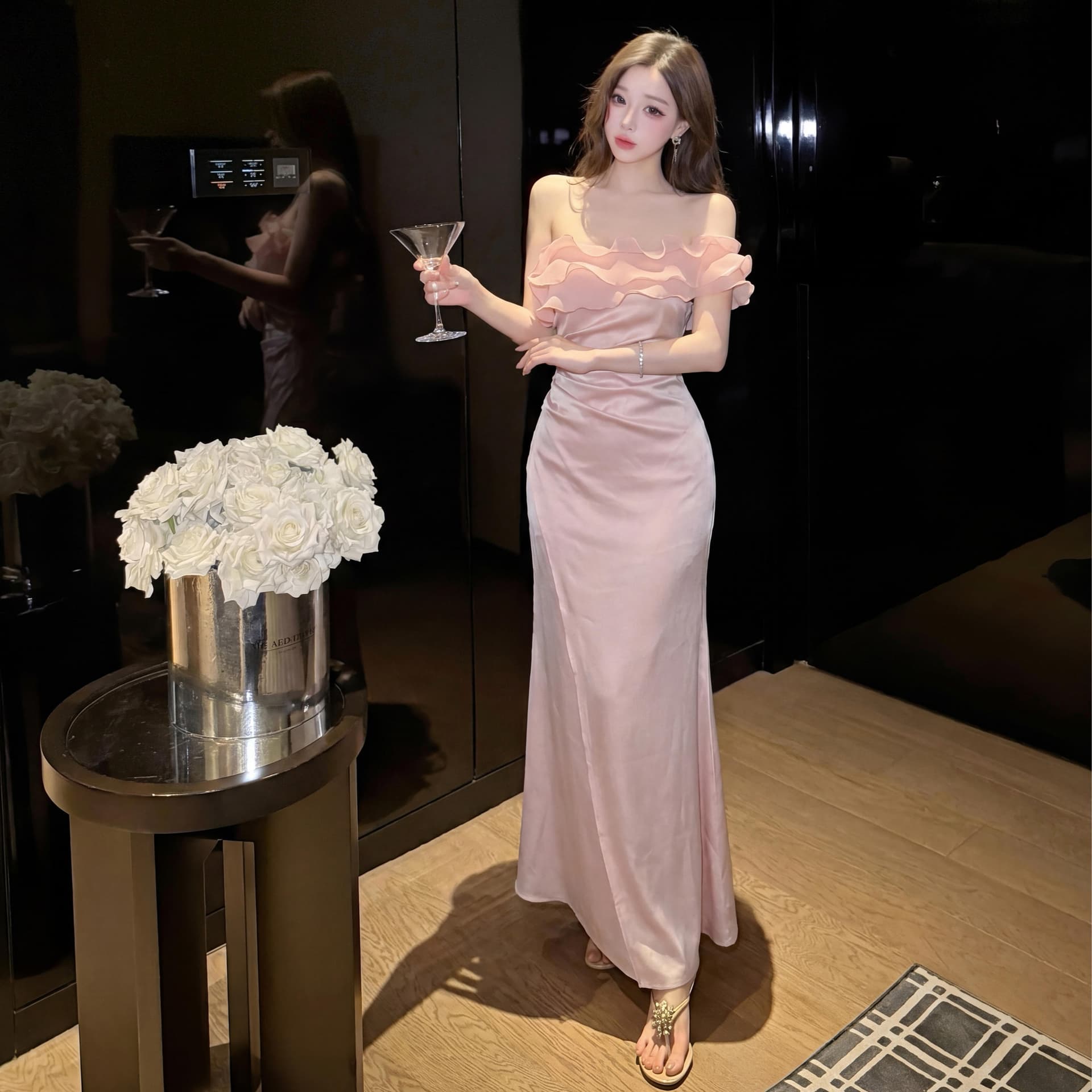 실사 여름 품격 천 골드 순수한 욕망 새틴 프릴 오프숄더 표지 배 슬림해 보이는 인어 꼬리 트임 드레스 이미지 5