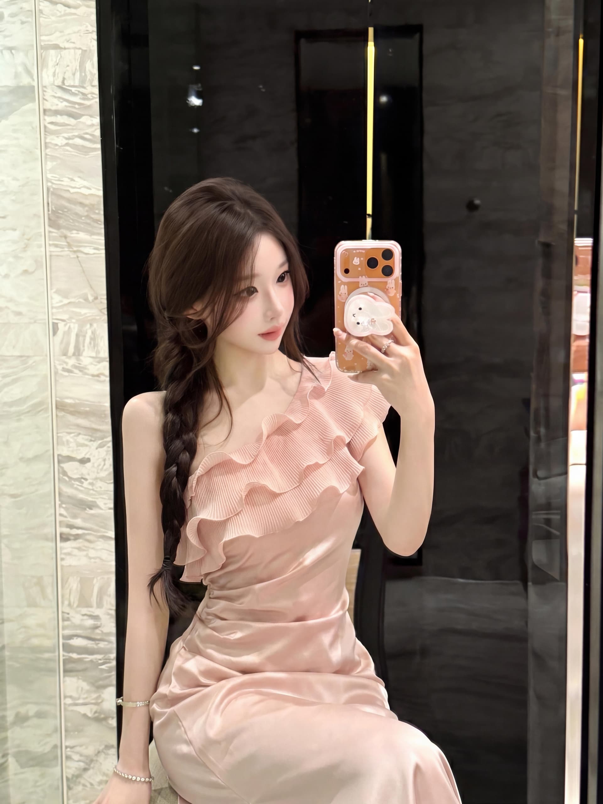 실사 여름 품격 천 골드 순수한 욕망 새틴 프릴 오프숄더 표지 배 슬림해 보이는 인어 꼬리 트임 드레스 상세 이미지 11